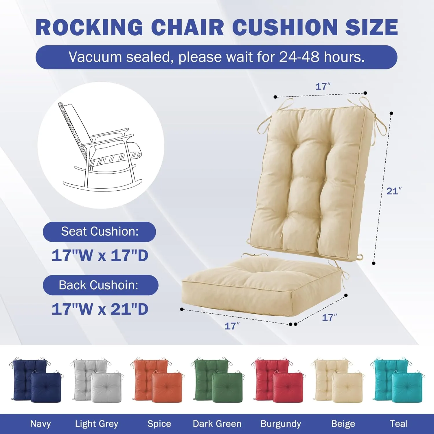 Rocking Chair Cushion Set, Waterproof and Fade-Resistant Patio Chair Cushions, Tufted Chair Pads for Rocker Furniture, Indoor/Outdoor Seat Cushions with Ties, 17x17 Inch, Beige