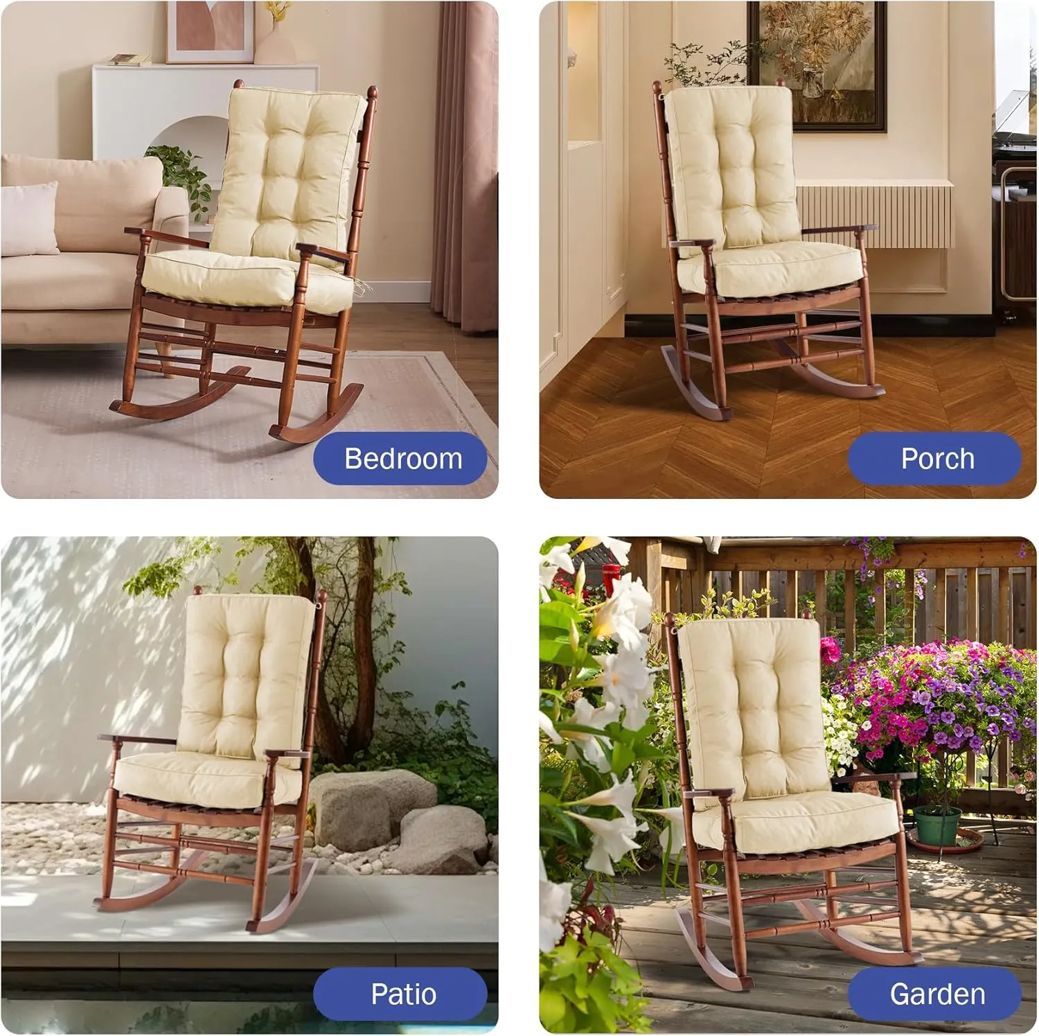 Rocking Chair Cushion Set, Waterproof and Fade-Resistant Patio Chair Cushions, Tufted Chair Pads for Rocker Furniture, Indoor/Outdoor Seat Cushions with Ties, 17x17 Inch, Beige