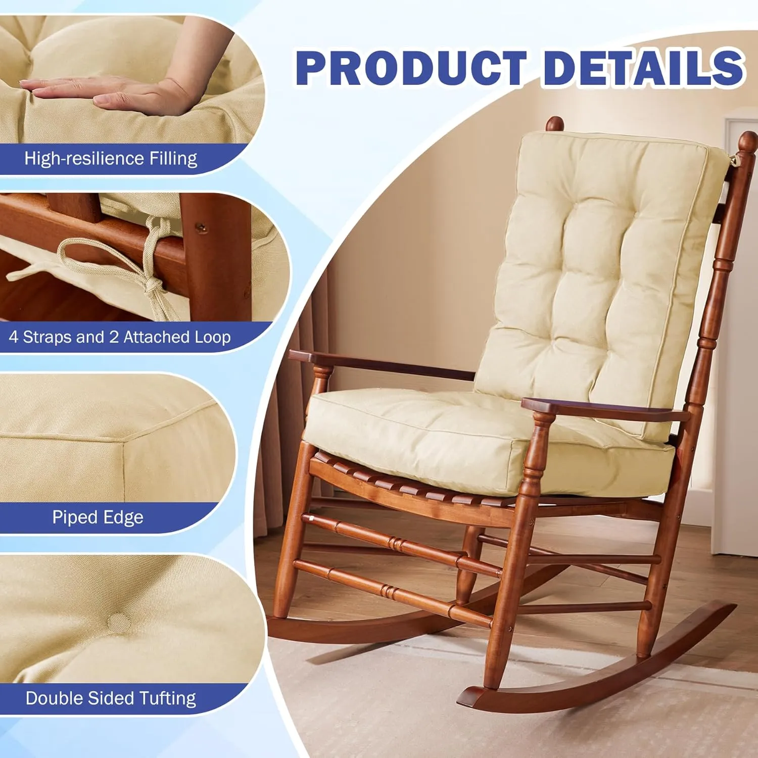 Rocking Chair Cushion Set, Waterproof and Fade-Resistant Patio Chair Cushions, Tufted Chair Pads for Rocker Furniture, Indoor/Outdoor Seat Cushions with Ties, 17x17 Inch, Beige