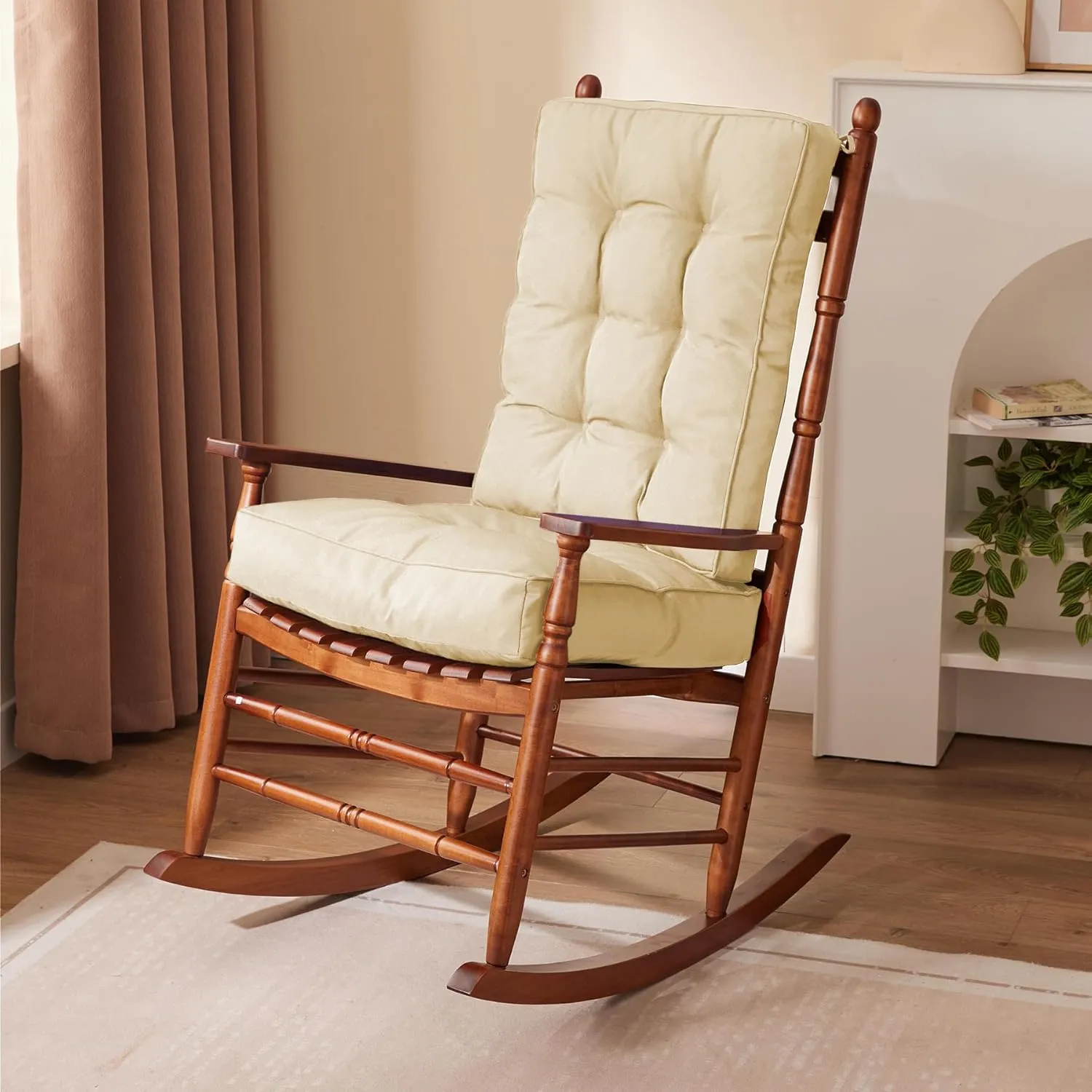 Rocking Chair Cushion Set, Waterproof and Fade-Resistant Patio Chair Cushions, Tufted Chair Pads for Rocker Furniture, Indoor/Outdoor Seat Cushions with Ties, 17x17 Inch, Beige