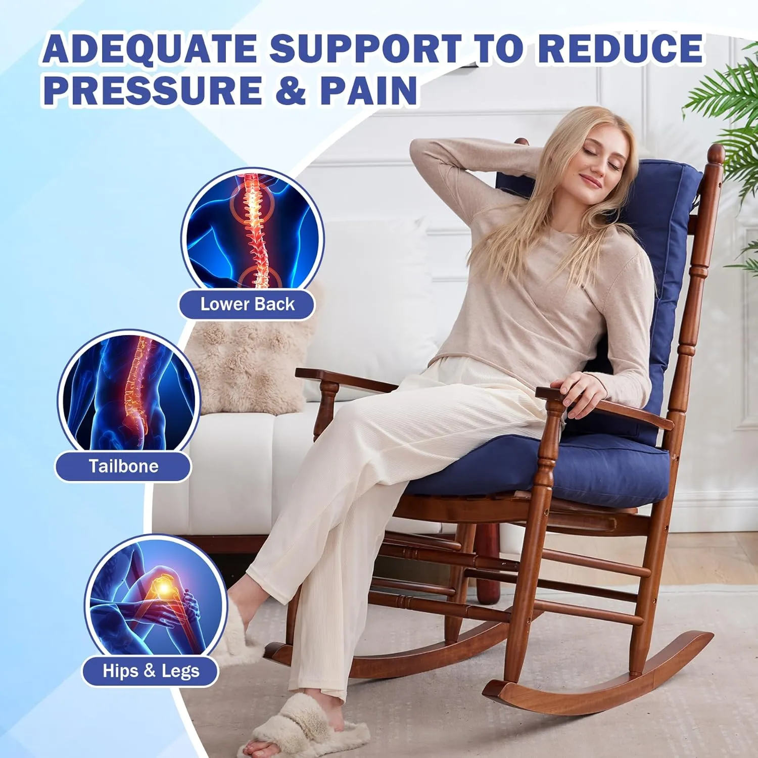 Rocking Chair Cushion Set, Waterproof and Fade-Resistant Patio Chair Cushions, Tufted Chair Pads for Rocker Furniture, Indoor/Outdoor Seat Cushions with Ties, 17x17 Inch, Navy Blue
