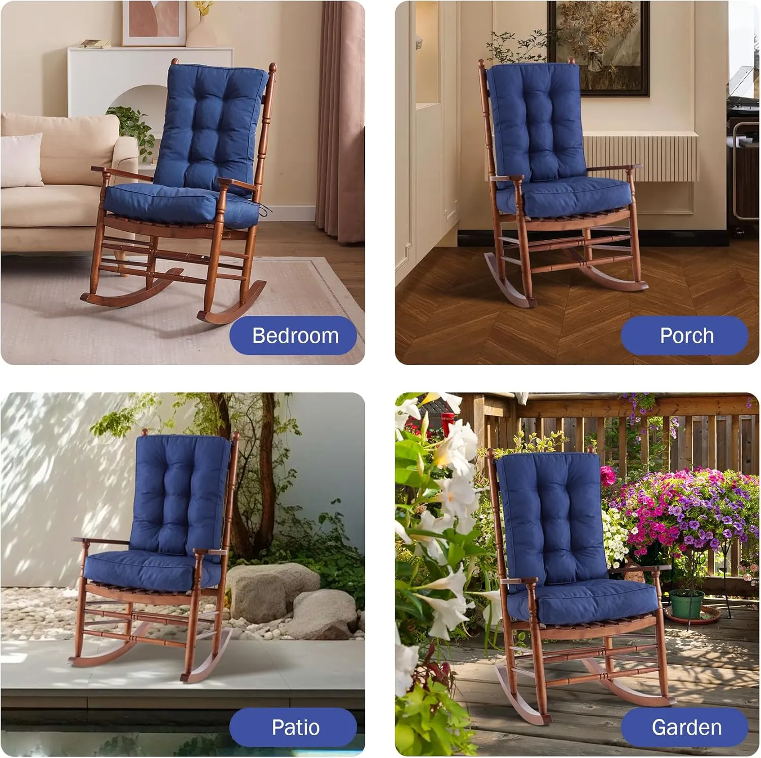 Rocking Chair Cushion Set, Waterproof and Fade-Resistant Patio Chair Cushions, Tufted Chair Pads for Rocker Furniture, Indoor/Outdoor Seat Cushions with Ties, 17x17 Inch, Navy Blue
