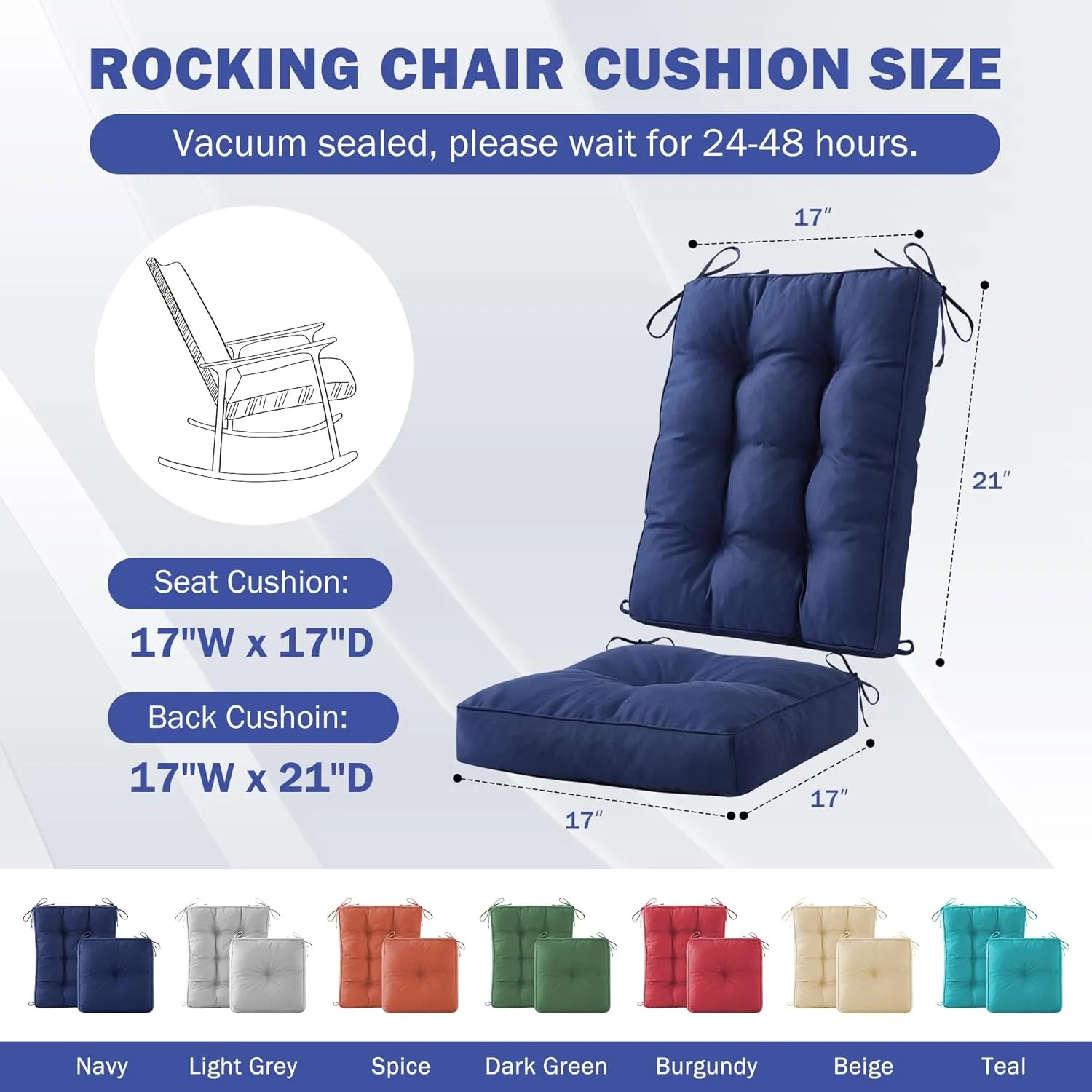 Rocking Chair Cushion Set, Waterproof and Fade-Resistant Patio Chair Cushions, Tufted Chair Pads for Rocker Furniture, Indoor/Outdoor Seat Cushions with Ties, 17x17 Inch, Navy Blue