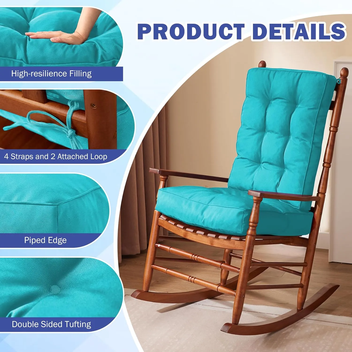 Rocking Chair Cushion Set, Waterproof and Fade-Resistant Patio Chair Cushions, Tufted Chair Pads for Rocker Furniture, Indoor/Outdoor Seat Cushions with Ties, 17x17 Inch, Teal Blue