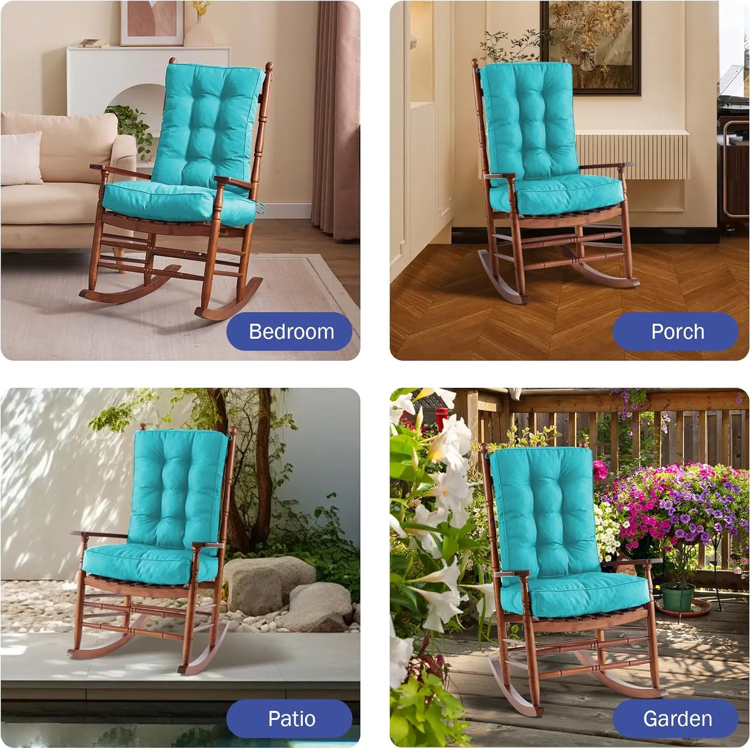 Rocking Chair Cushion Set, Waterproof and Fade-Resistant Patio Chair Cushions, Tufted Chair Pads for Rocker Furniture, Indoor/Outdoor Seat Cushions with Ties, 17x17 Inch, Teal Blue