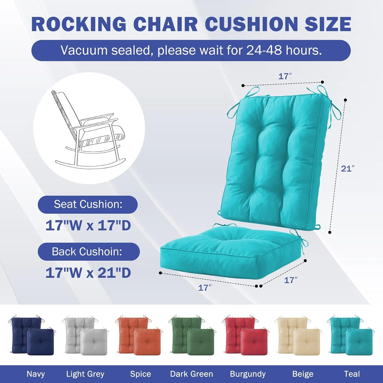 Rocking Chair Cushion Set, Waterproof and Fade-Resistant Patio Chair Cushions, Tufted Chair Pads for Rocker Furniture, Indoor/Outdoor Seat Cushions with Ties, 17x17 Inch, Teal Blue
