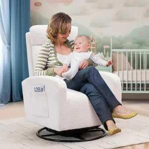 Rocking Chair Nursery 360° Swivel Glider Chair, Upholstered Breastfeeding Maternity Sofa Adults Nursing Chair with High Back and Side Pocket for Nursery Soothe, Living Room, Bedroom White