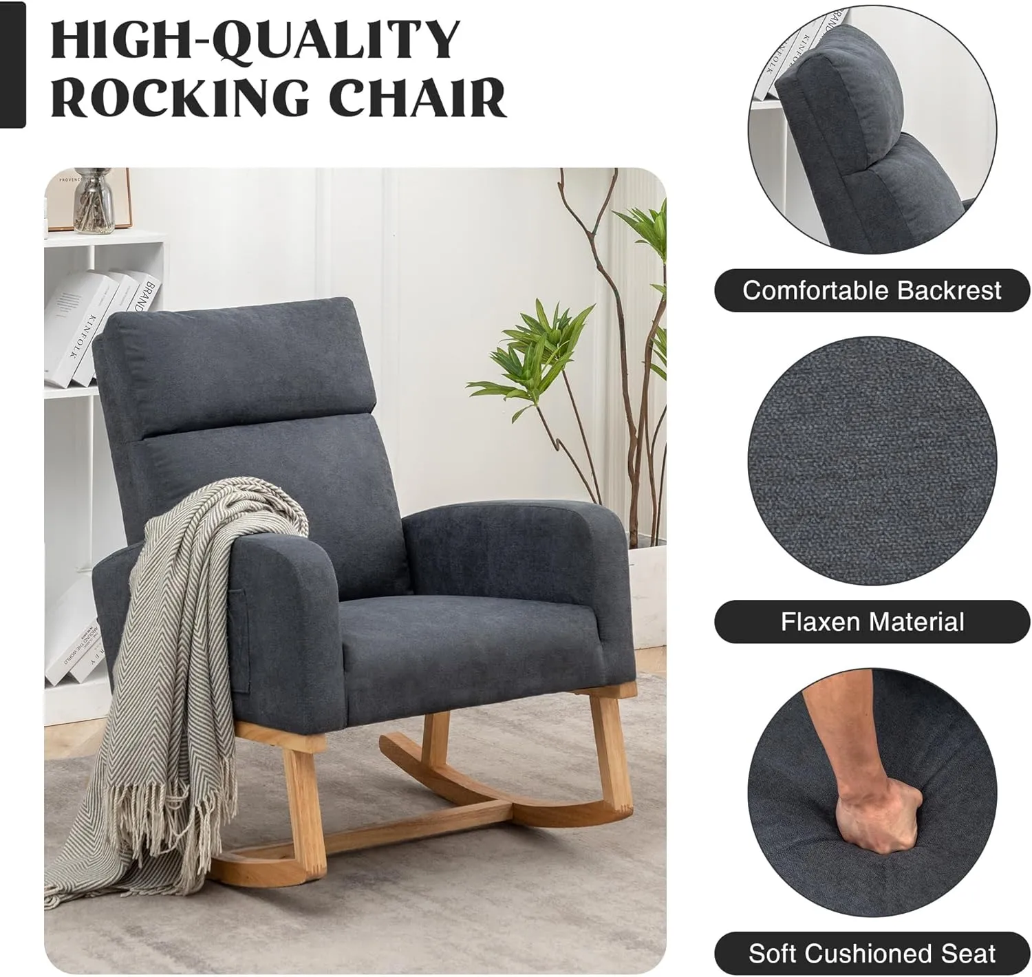 Rocking Chair Nursery, Comfy Nursery Glider Rocker with High Backrest, Modern Rocking Accent Chair for Living Room,Bedroom, Dark Grey