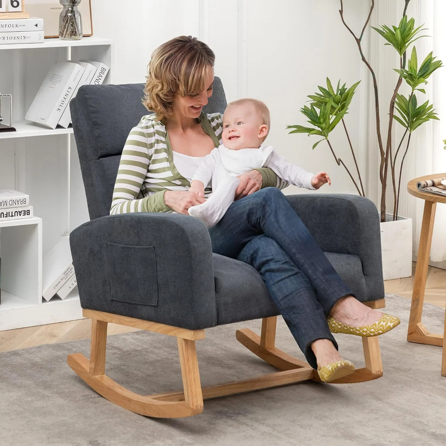 Rocking Chair Nursery, Comfy Nursery Glider Rocker with High Backrest, Modern Rocking Accent Chair for Living Room,Bedroom, Dark Grey