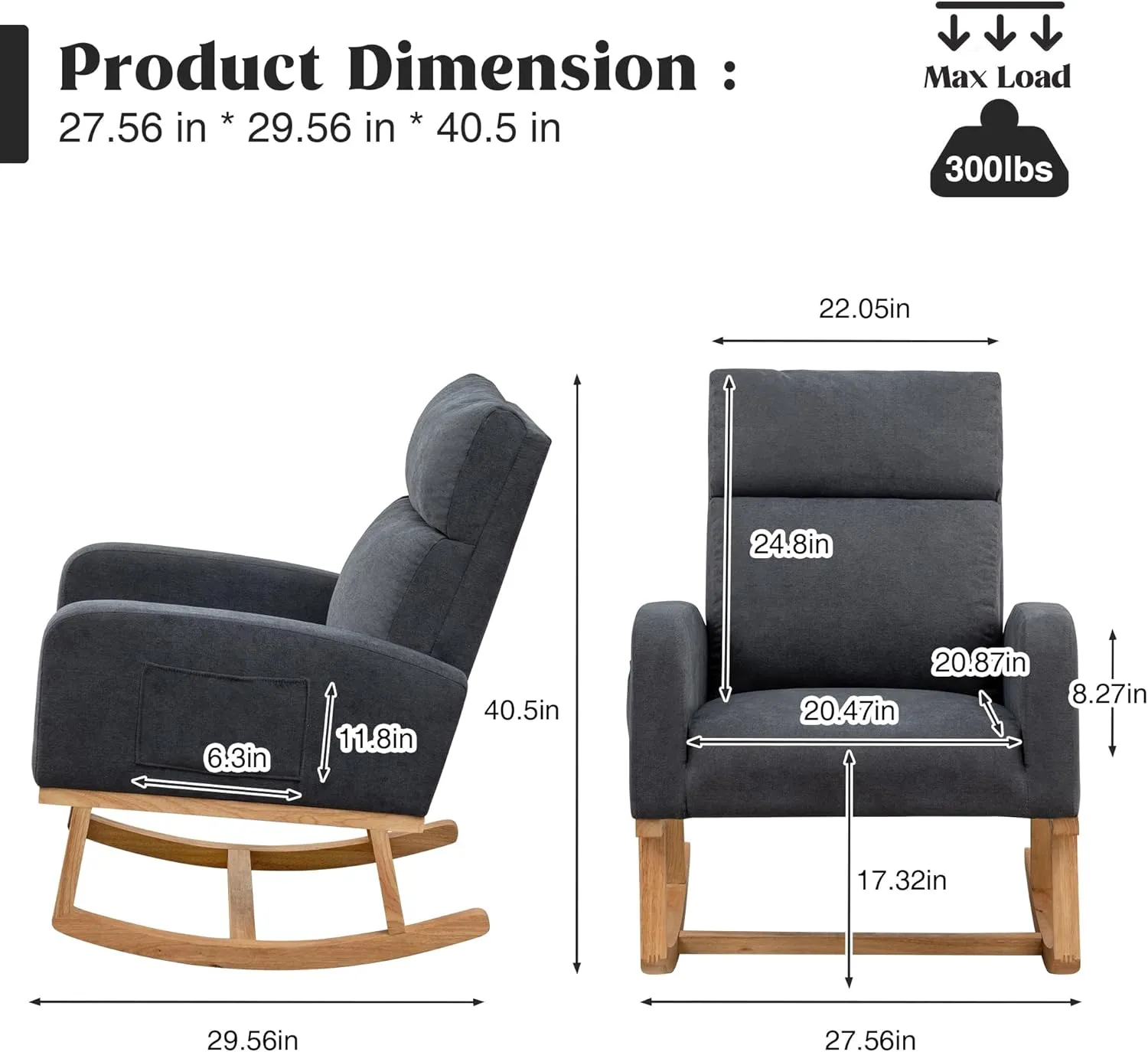 Rocking Chair Nursery, Comfy Nursery Glider Rocker with High Backrest, Modern Rocking Accent Chair for Living Room,Bedroom, Dark Grey
