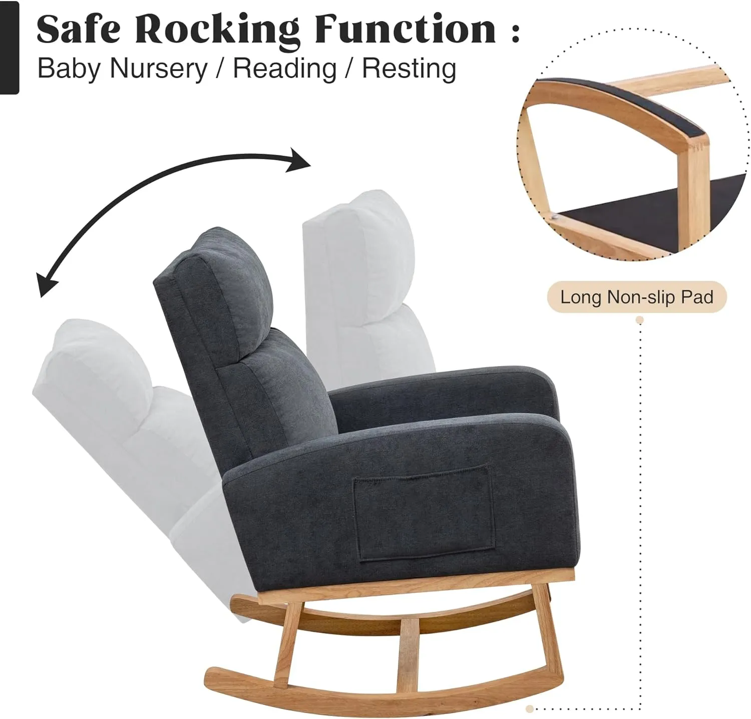Rocking Chair Nursery, Comfy Nursery Glider Rocker with High Backrest, Modern Rocking Accent Chair for Living Room,Bedroom, Dark Grey