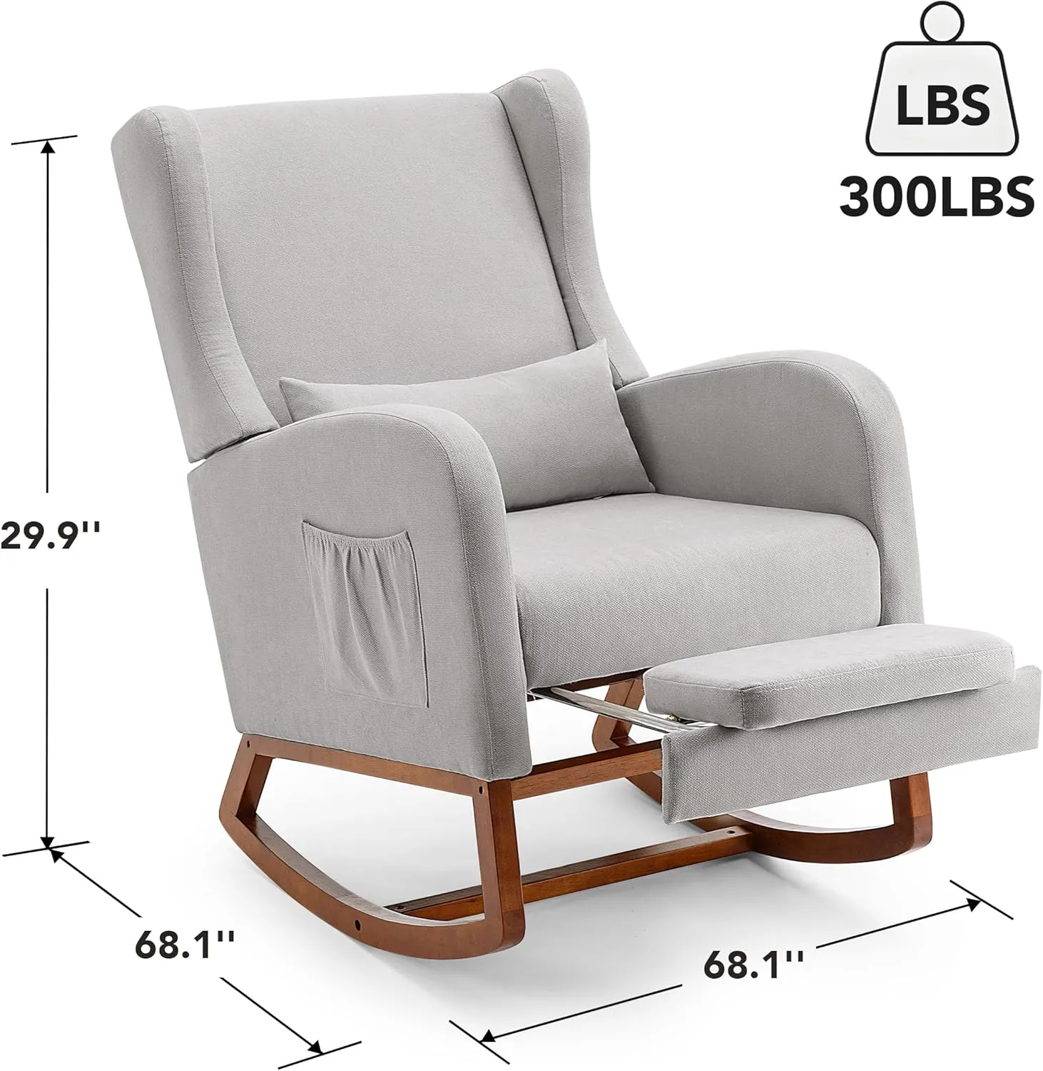 Rocking Chair Nursery Glider Chair with Foot Rest, Nursery Rocking Chairs with Rubber Wood Legs Side Pocket, High Back Nursing Chair, Accent Rocker Arm Chair Baby Bedroom, Living Room, Grey