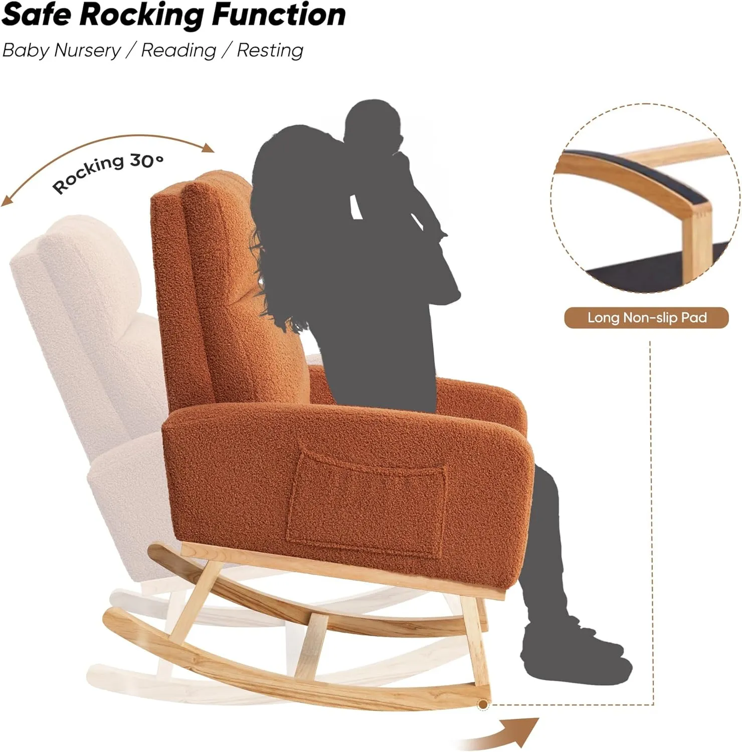 Rocking Chair Nursery, Rocker Nursing Chairs for Breastfeeding with Wood Legs and Side Pocket, Comfortable Glider Roking Chair for Nursery, Living Room, Bedroom,Teddy, Brown