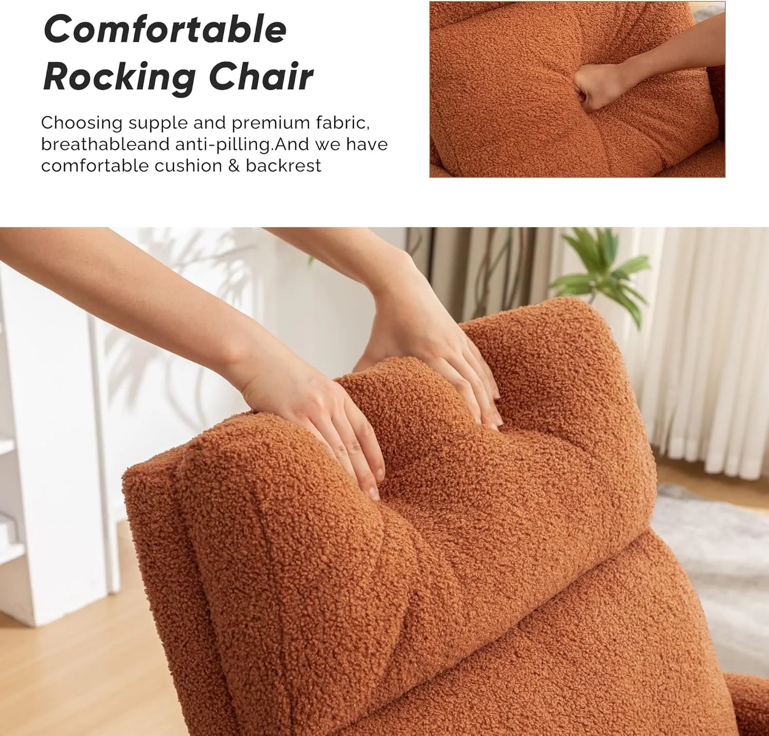 Rocking Chair Nursery, Rocker Nursing Chairs for Breastfeeding with Wood Legs and Side Pocket, Comfortable Glider Roking Chair for Nursery, Living Room, Bedroom,Teddy, Brown