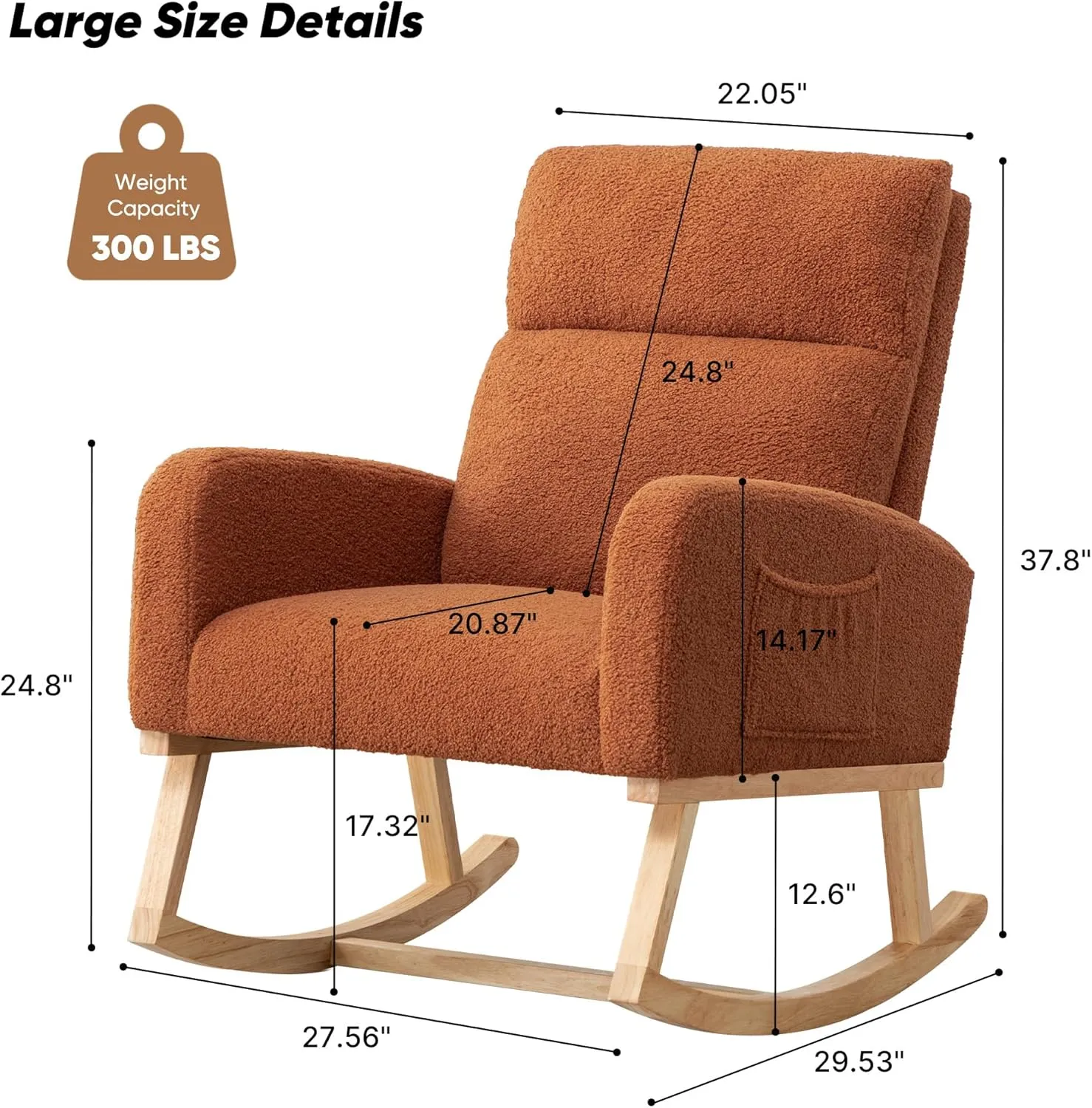 Rocking Chair Nursery, Rocker Nursing Chairs for Breastfeeding with Wood Legs and Side Pocket, Comfortable Glider Roking Chair for Nursery, Living Room, Bedroom,Teddy, Brown