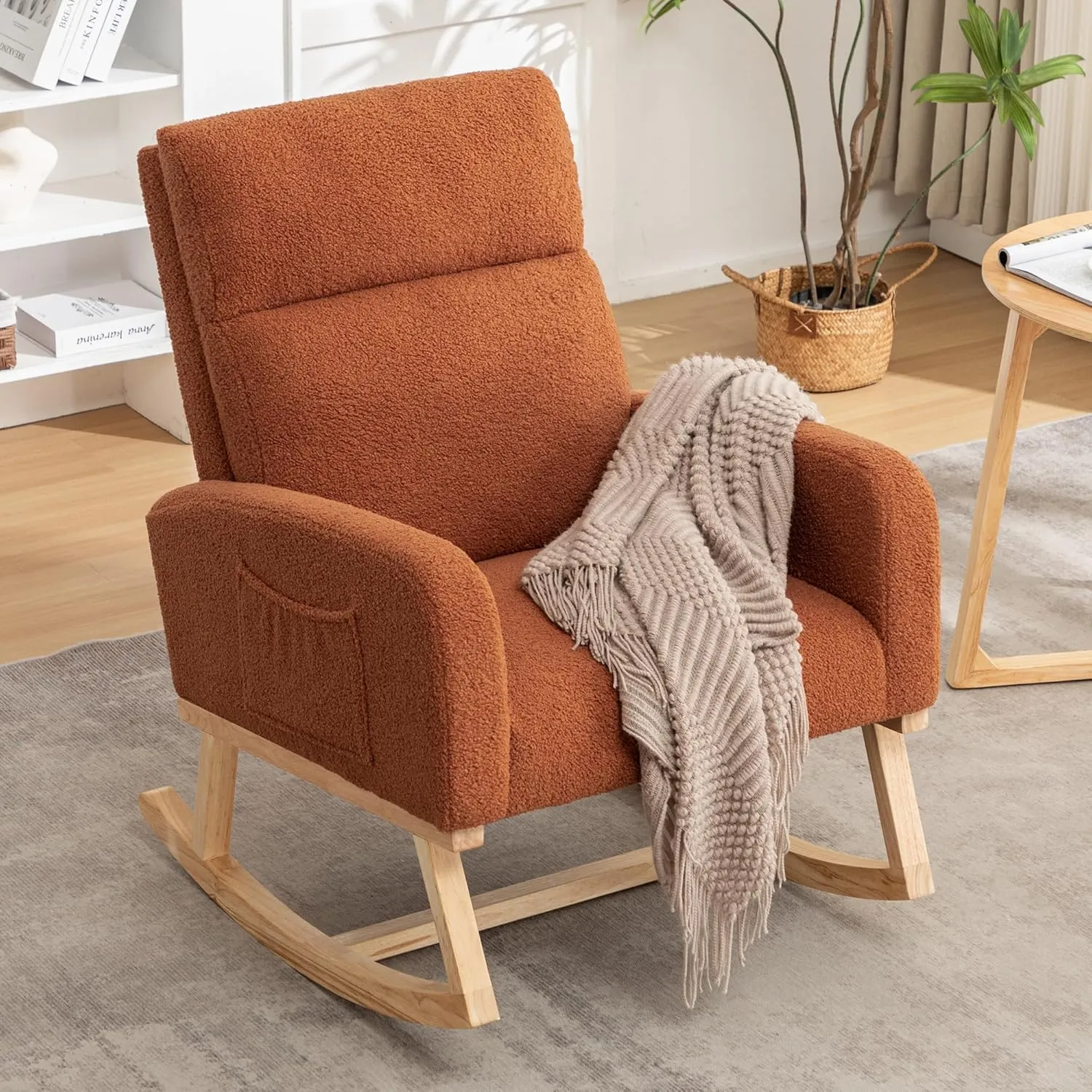 Rocking Chair Nursery, Rocker Nursing Chairs for Breastfeeding with Wood Legs and Side Pocket, Comfortable Glider Roking Chair for Nursery, Living Room, Bedroom,Teddy, Brown