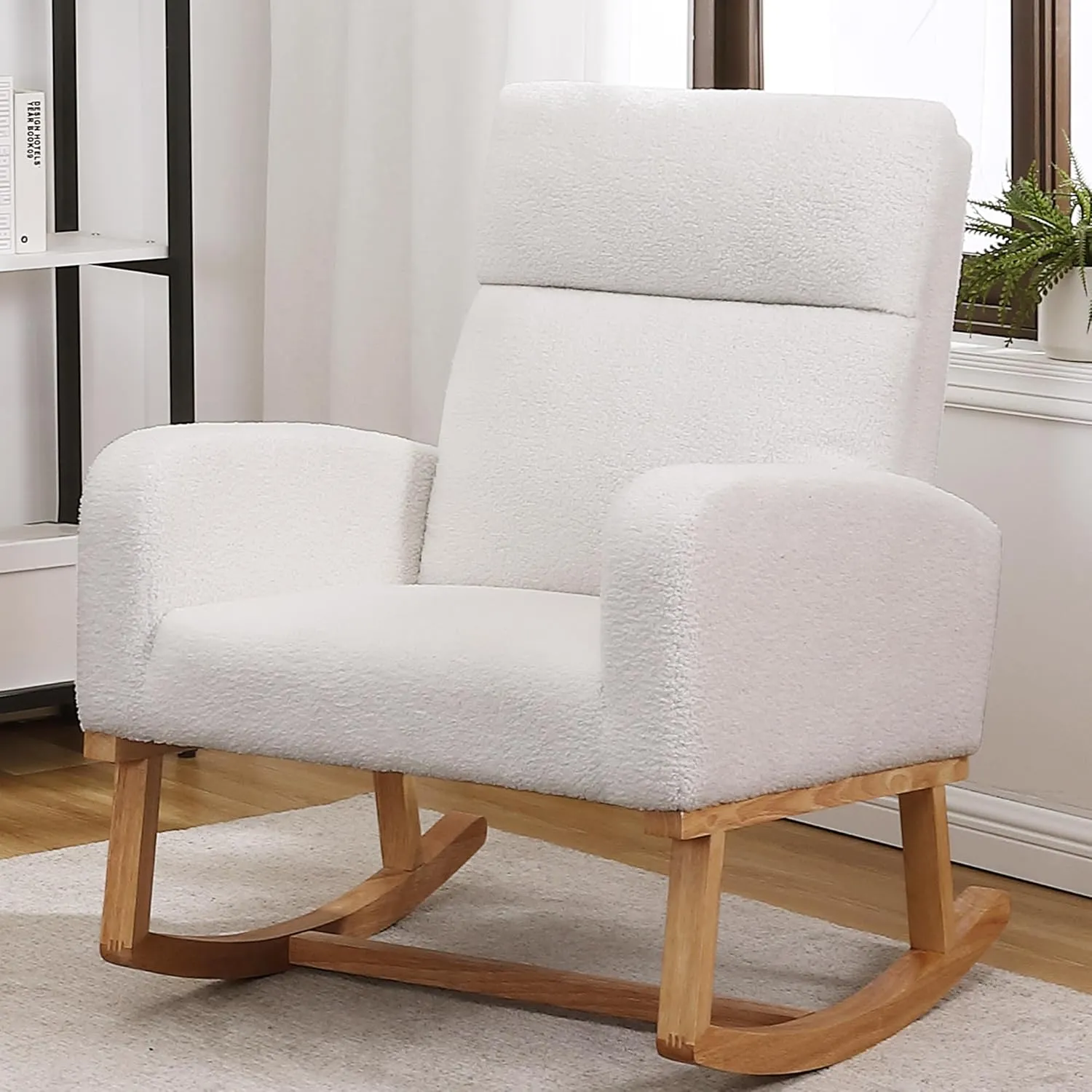 Rocking Chair Nursery, Sherpa Nursing Rocking Armchair for Mom Nursery Morden Rocker Chair with High Backrest for Living Room,Bedroom,Teddy White