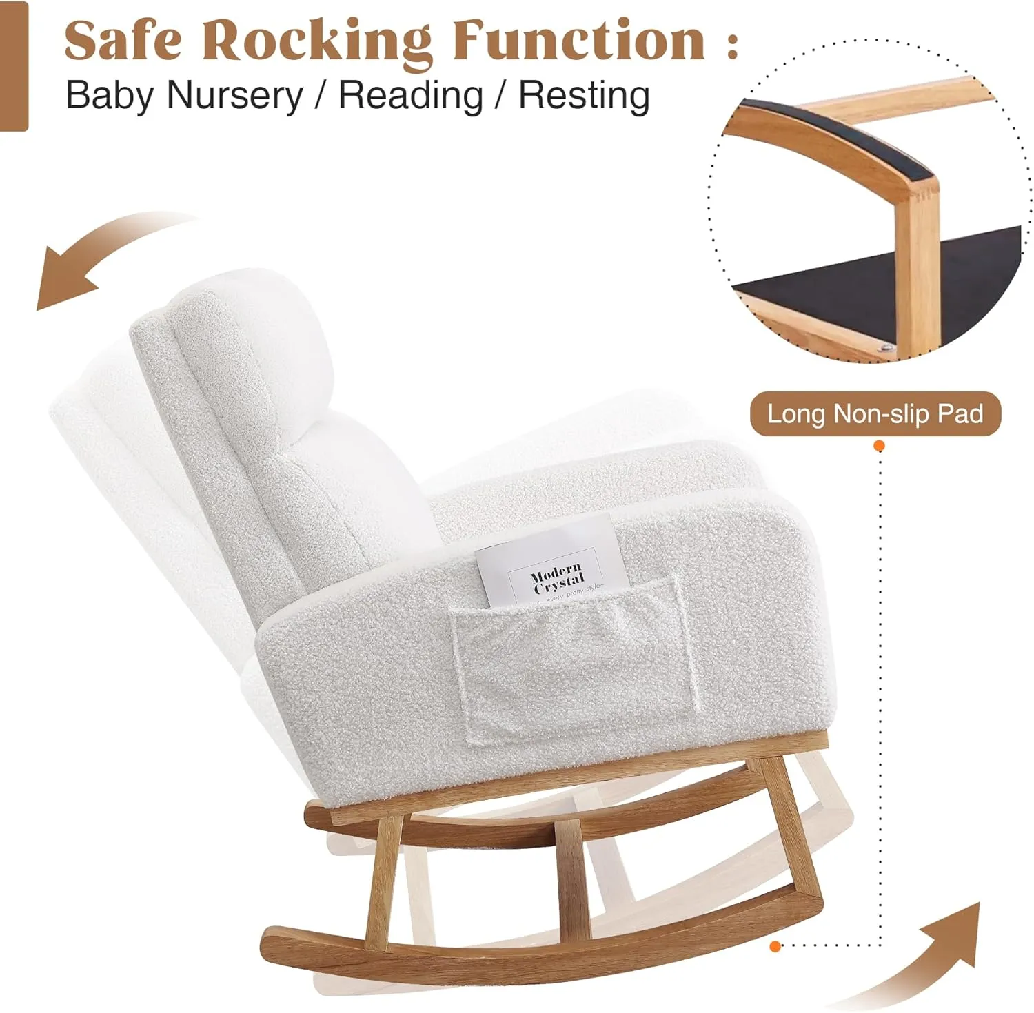 Rocking Chair Nursery, Sherpa Nursing Rocking Armchair for Mom Nursery Morden Rocker Chair with High Backrest for Living Room,Bedroom,Teddy White