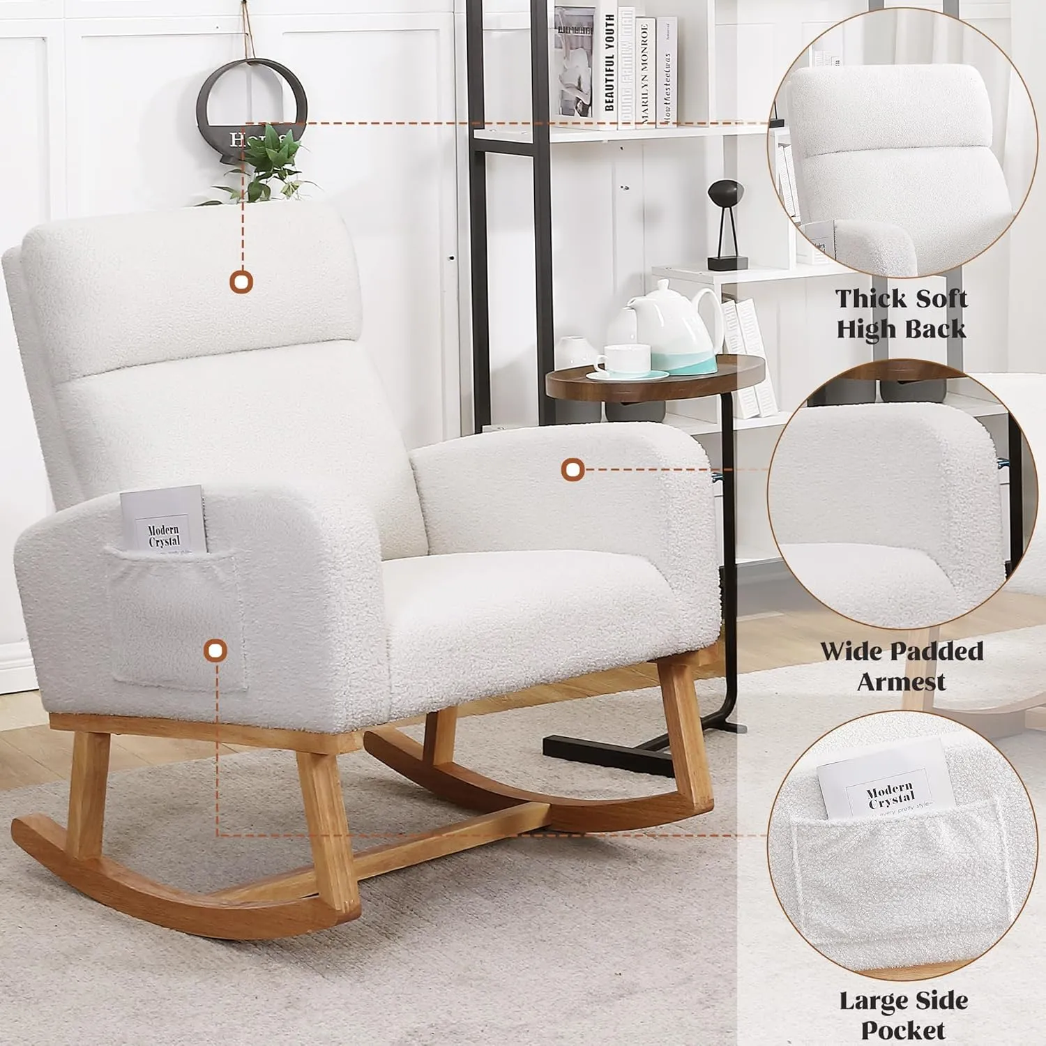 Rocking Chair Nursery, Sherpa Nursing Rocking Armchair for Mom Nursery Morden Rocker Chair with High Backrest for Living Room,Bedroom,Teddy White