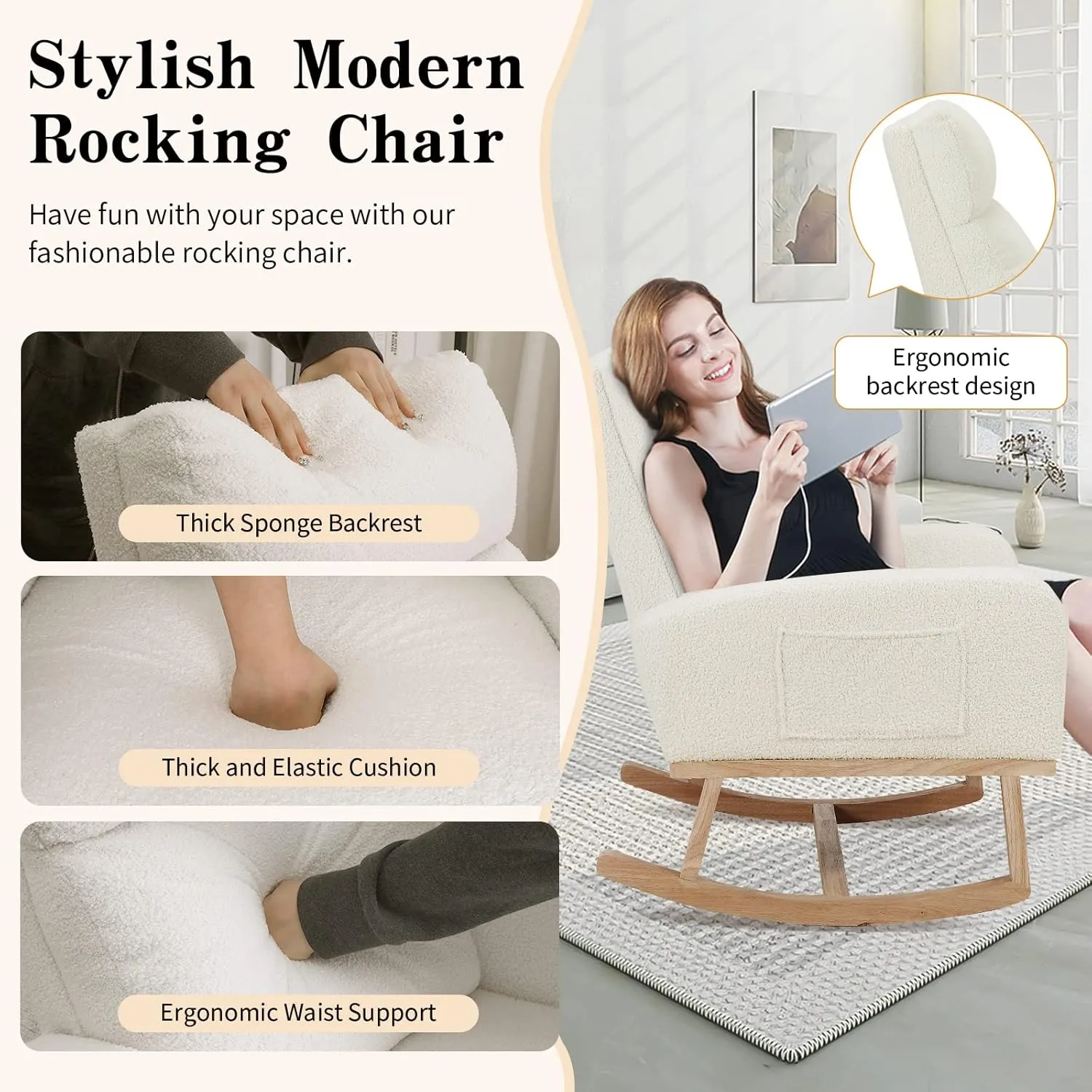 Rocking Chair Nursery, Sherpa Nursing Rocking Armchair for Mom Nursery Morden Rocker Chair with High Backrest for Living Room,Bedroom,Teddy White