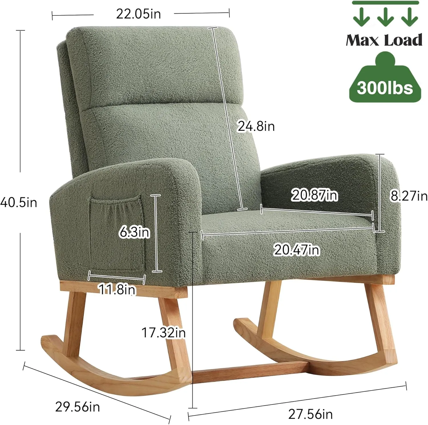 Rocking Chair Nursery, Sherpa Nursing Rocking Chairs, Upholstered Nursery Glider Rocker for Mom Nursery Morden Accent Rocking Chair with Side Pocket for Living Room,Bedroom,Teddy Green