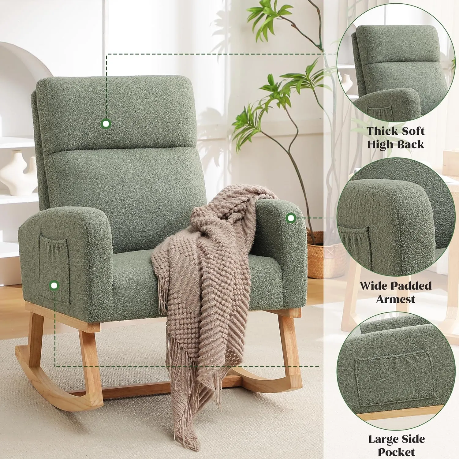 Rocking Chair Nursery, Sherpa Nursing Rocking Chairs, Upholstered Nursery Glider Rocker for Mom Nursery Morden Accent Rocking Chair with Side Pocket for Living Room,Bedroom,Teddy Green