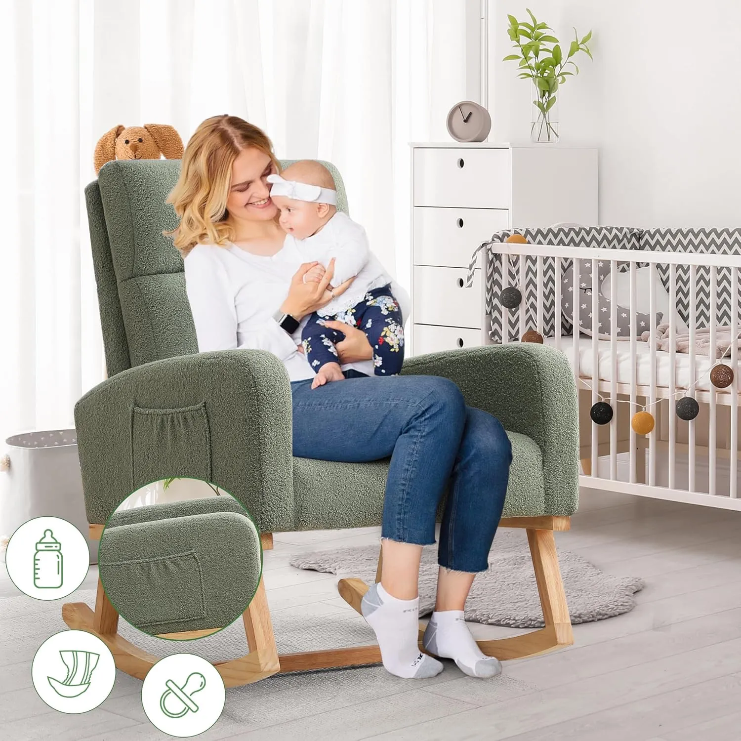 Rocking Chair Nursery, Sherpa Nursing Rocking Chairs, Upholstered Nursery Glider Rocker for Mom Nursery Morden Accent Rocking Chair with Side Pocket for Living Room,Bedroom,Teddy Green
