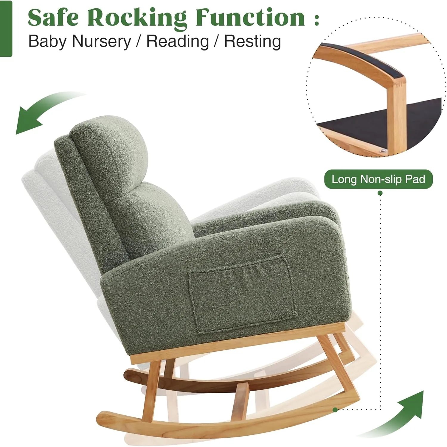 Rocking Chair Nursery, Sherpa Nursing Rocking Chairs, Upholstered Nursery Glider Rocker for Mom Nursery Morden Accent Rocking Chair with Side Pocket for Living Room,Bedroom,Teddy Green