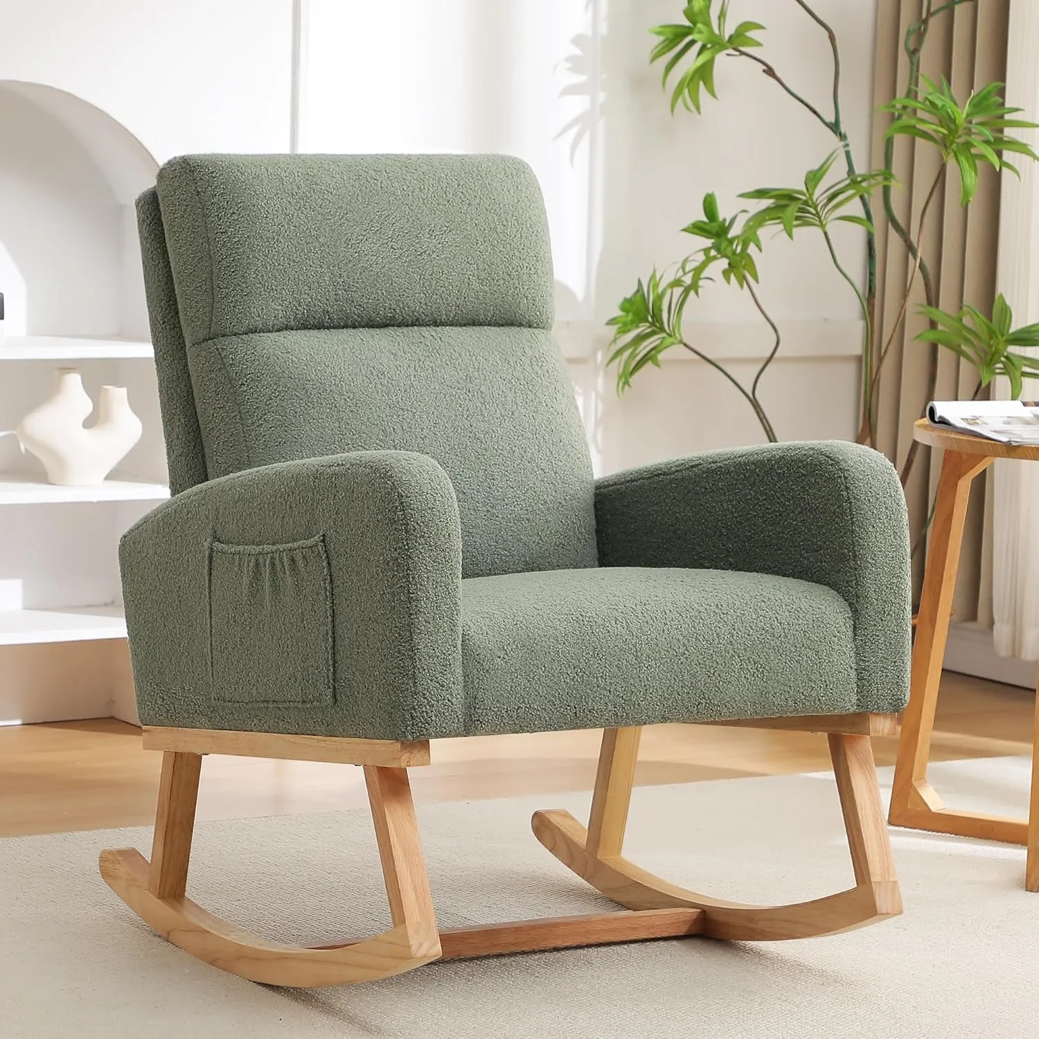 Rocking Chair Nursery, Sherpa Nursing Rocking Chairs, Upholstered Nursery Glider Rocker for Mom Nursery Morden Accent Rocking Chair with Side Pocket for Living Room,Bedroom,Teddy Green