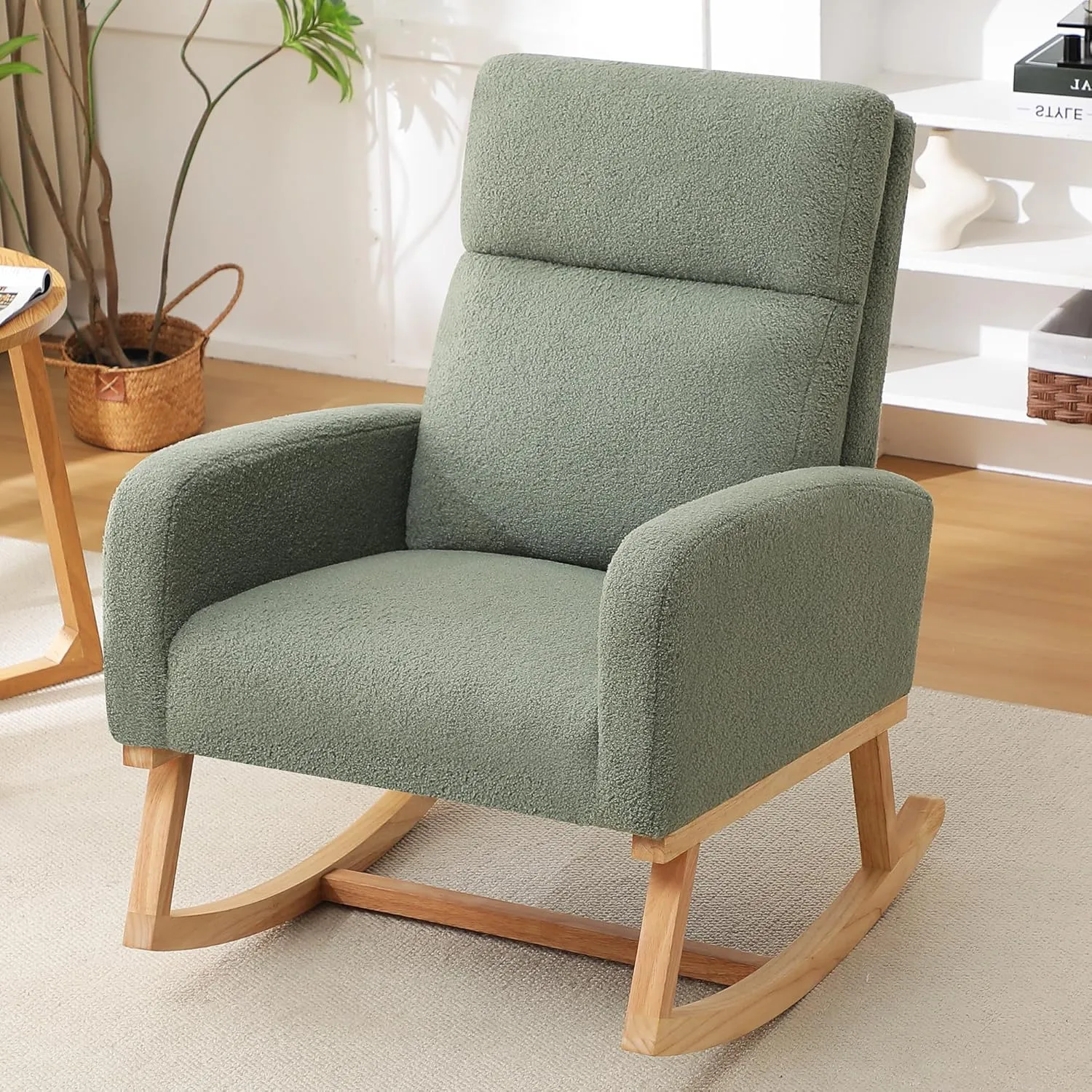 Rocking Chair Nursery, Sherpa Nursing Rocking Chairs, Upholstered Nursery Glider Rocker for Mom Nursery Morden Accent Rocking Chair with Side Pocket for Living Room,Bedroom,Teddy Green