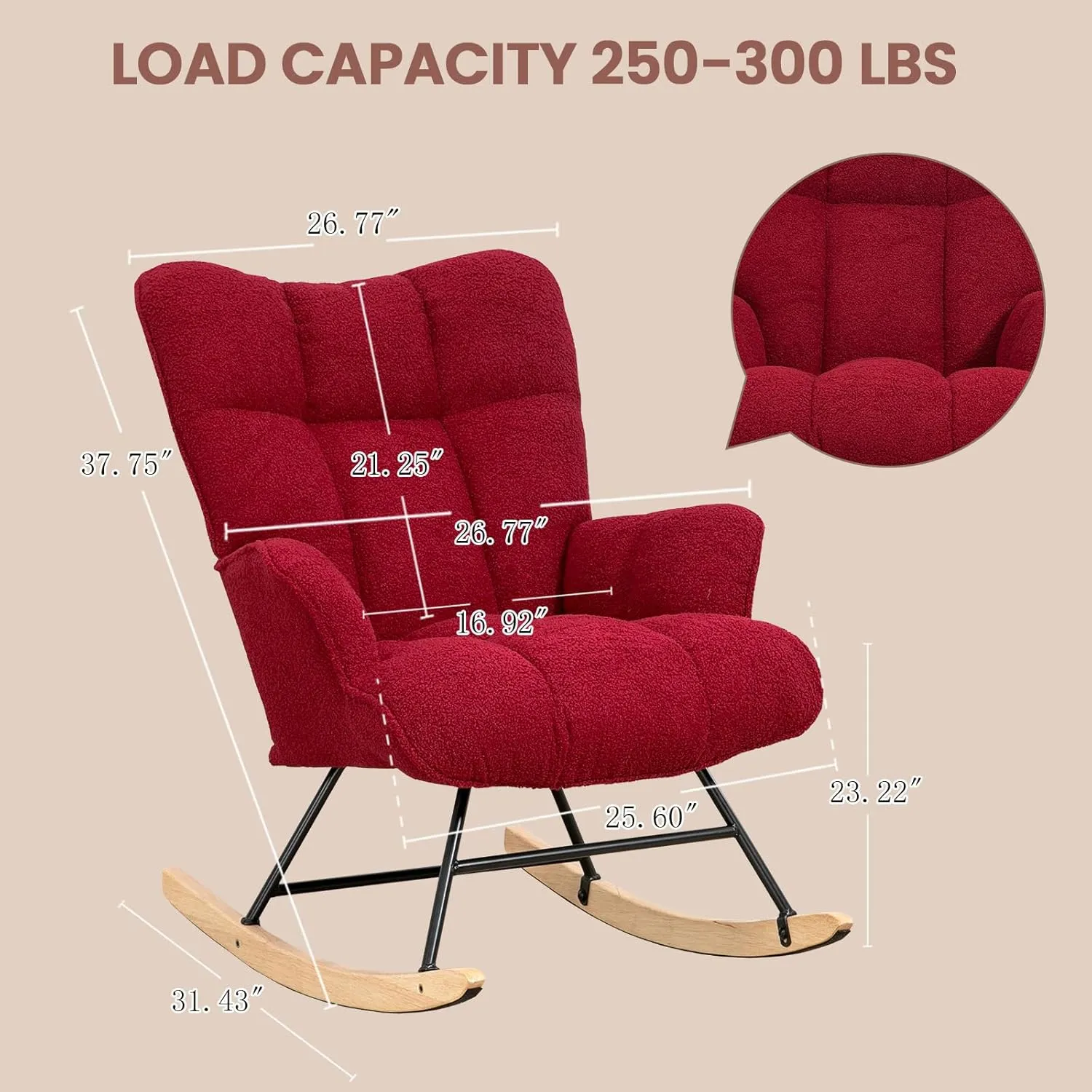 Rocking Chair Nursery Teddy, Upholstered Baby Fluffy Glider Rocker for Adults Small Spaces Indoor, Burgundy