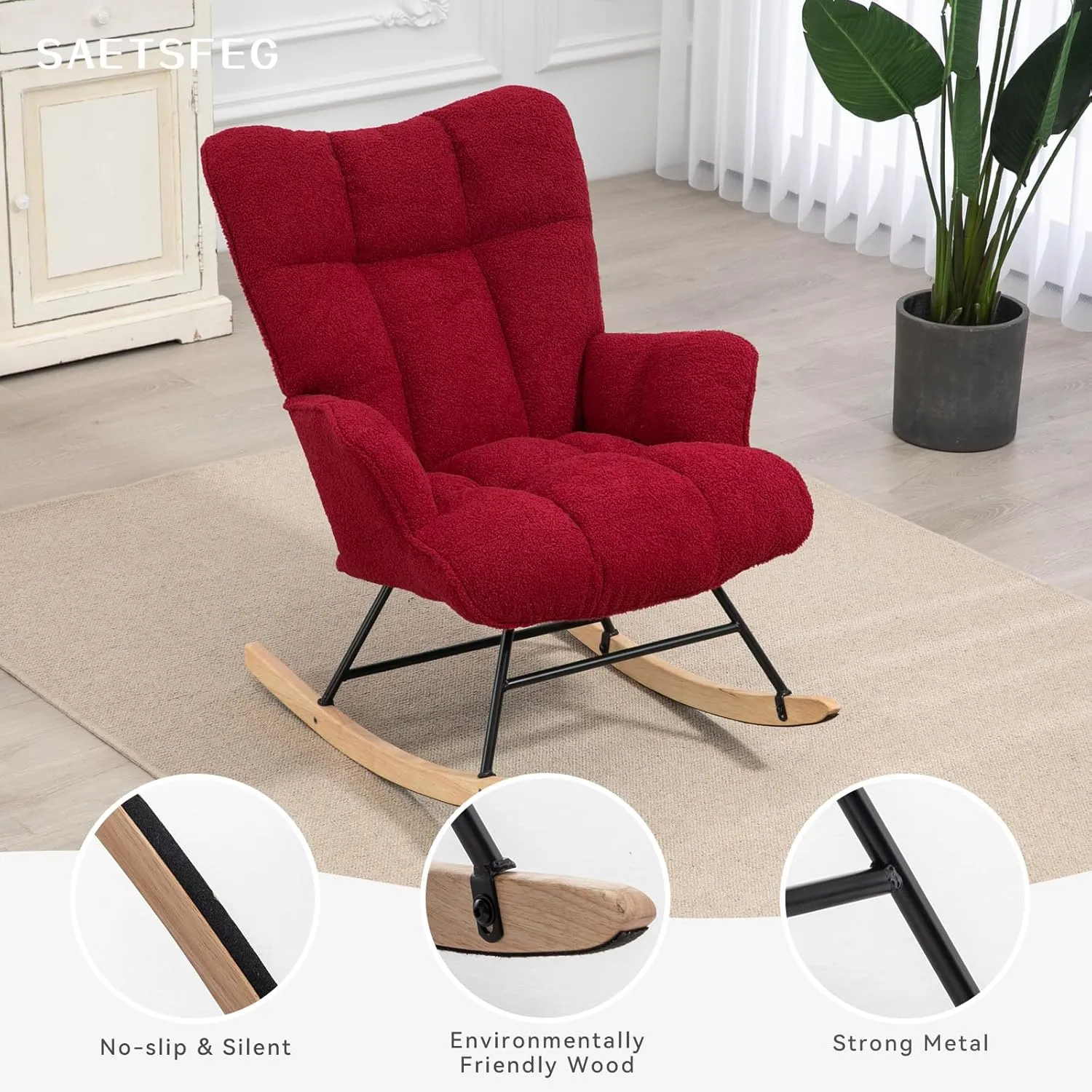 Rocking Chair Nursery Teddy, Upholstered Baby Fluffy Glider Rocker for Adults Small Spaces Indoor, Burgundy