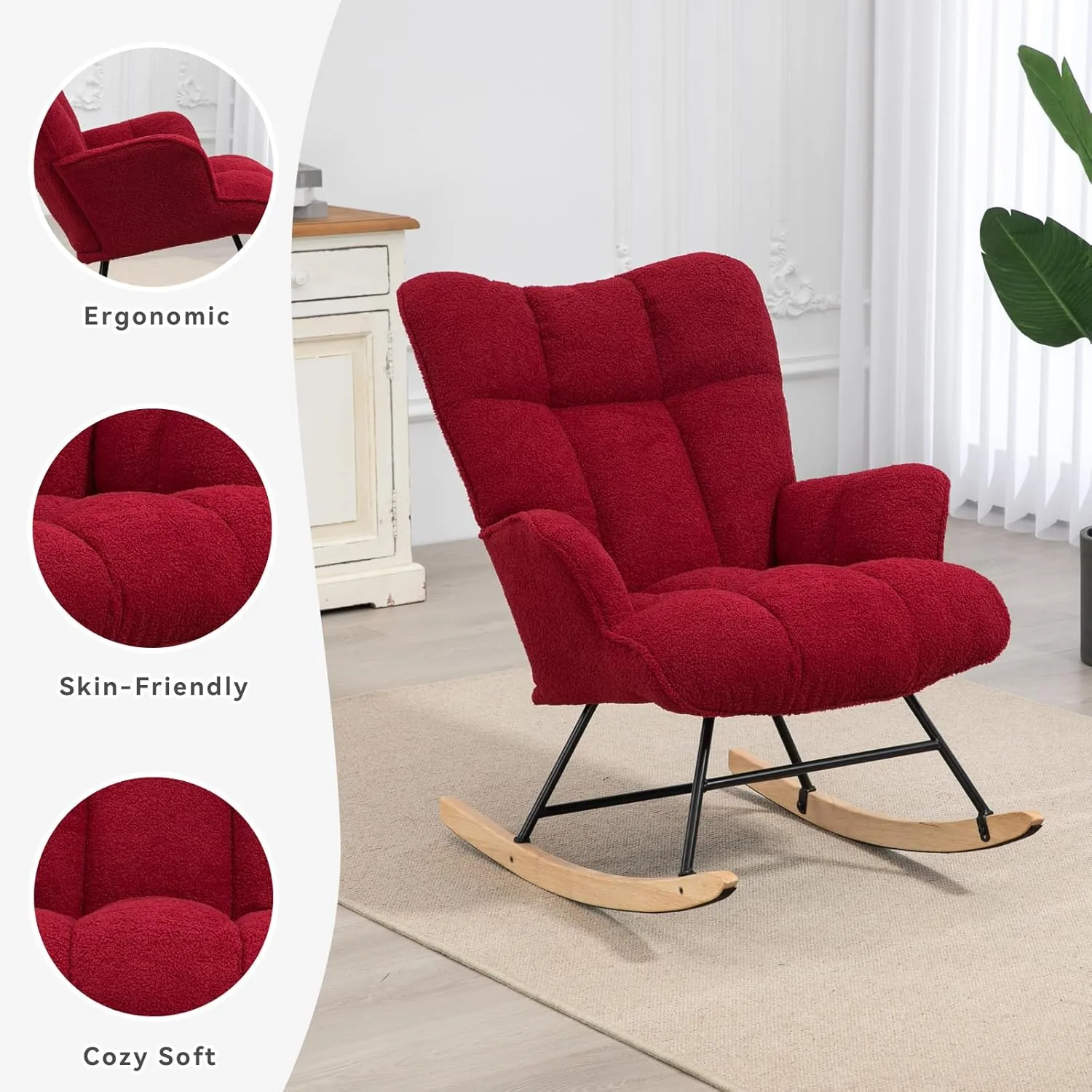 Rocking Chair Nursery Teddy, Upholstered Baby Fluffy Glider Rocker for Adults Small Spaces Indoor, Burgundy