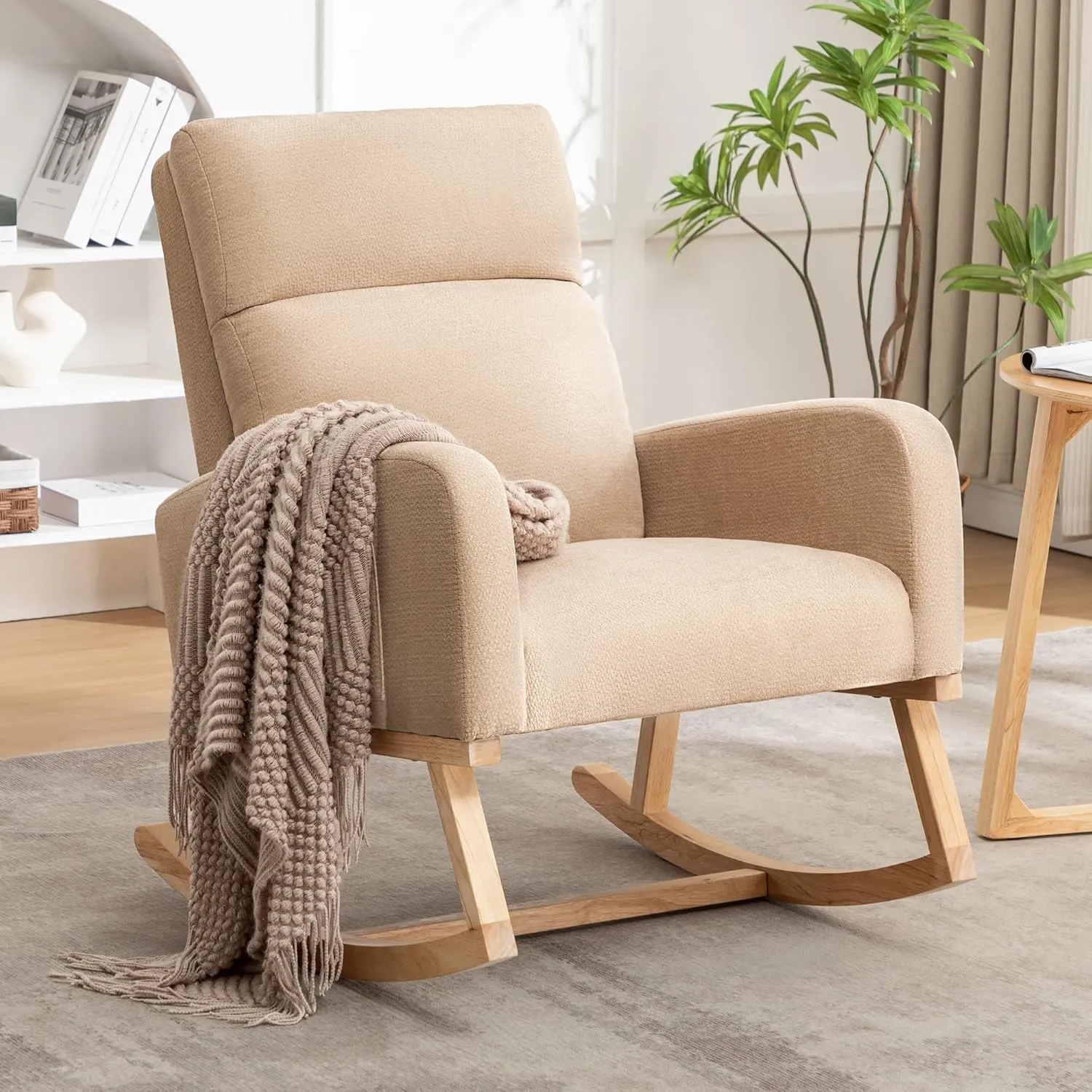 Rocking Chair Nursery, Upholstered Fabricr Nursing Rocking Chairs with Soft High Back, Modern Nursery Glider Rocker for Mom Living Room, Bedroom, Khaki