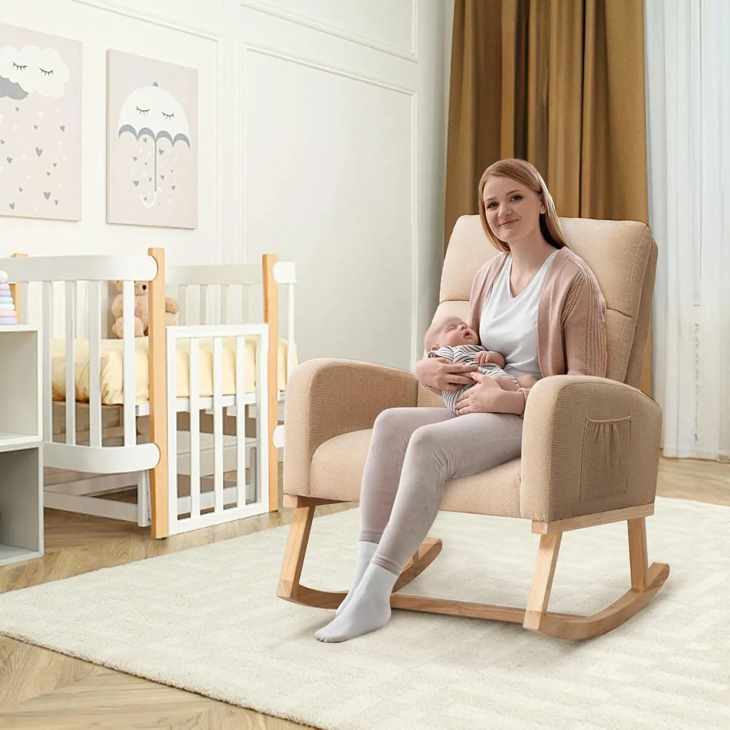 Rocking Chair Nursery, Upholstered Fabricr Nursing Rocking Chairs with Soft High Back, Modern Nursery Glider Rocker for Mom Living Room, Bedroom, Khaki