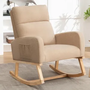 Rocking Chair Nursery, Upholstered Fabricr Nursing Rocking Chairs with Soft High Back, Modern Nursery Glider Rocker for Mom Living Room, Bedroom, Khaki