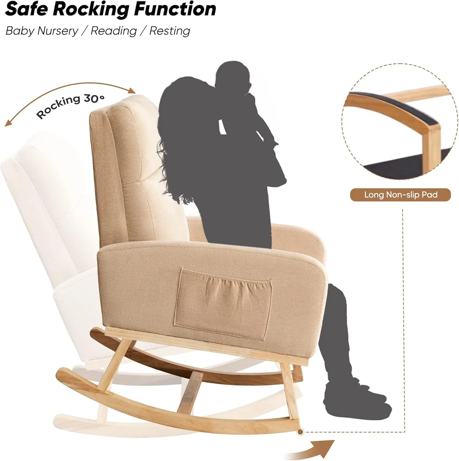Rocking Chair Nursery, Upholstered Fabricr Nursing Rocking Chairs with Soft High Back, Modern Nursery Glider Rocker for Mom Living Room, Bedroom, Khaki