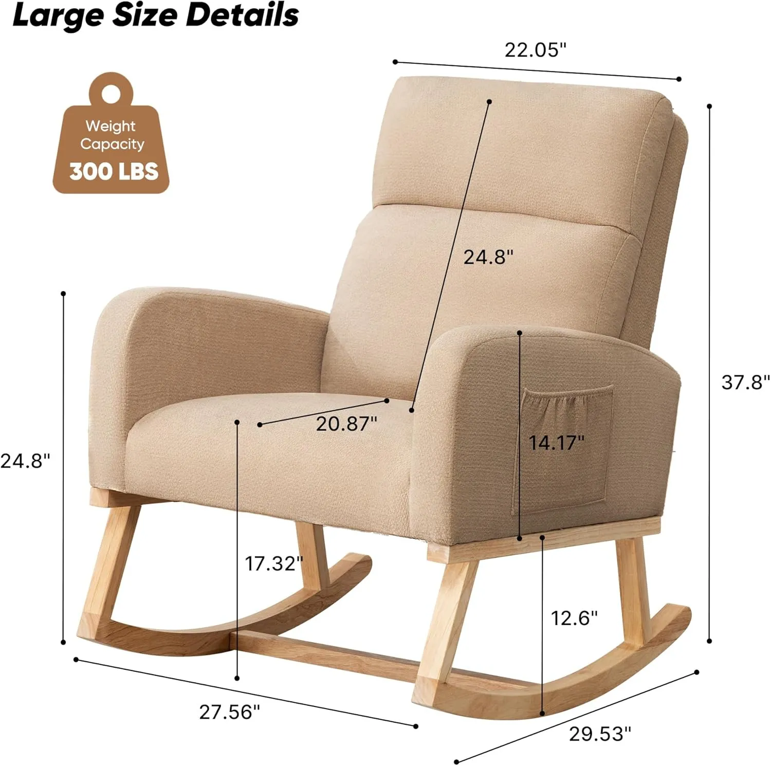 Rocking Chair Nursery, Upholstered Fabricr Nursing Rocking Chairs with Soft High Back, Modern Nursery Glider Rocker for Mom Living Room, Bedroom, Khaki