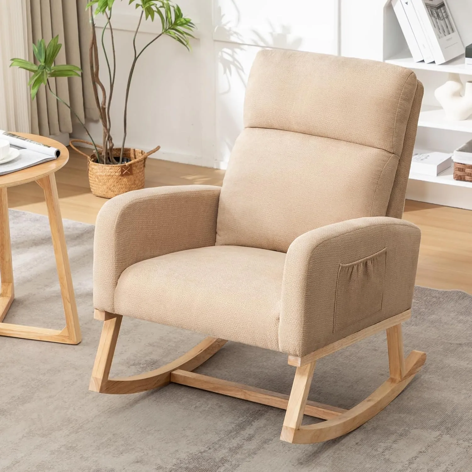 Rocking Chair Nursery, Upholstered Fabricr Nursing Rocking Chairs with Soft High Back, Modern Nursery Glider Rocker for Mom Living Room, Bedroom, Khaki