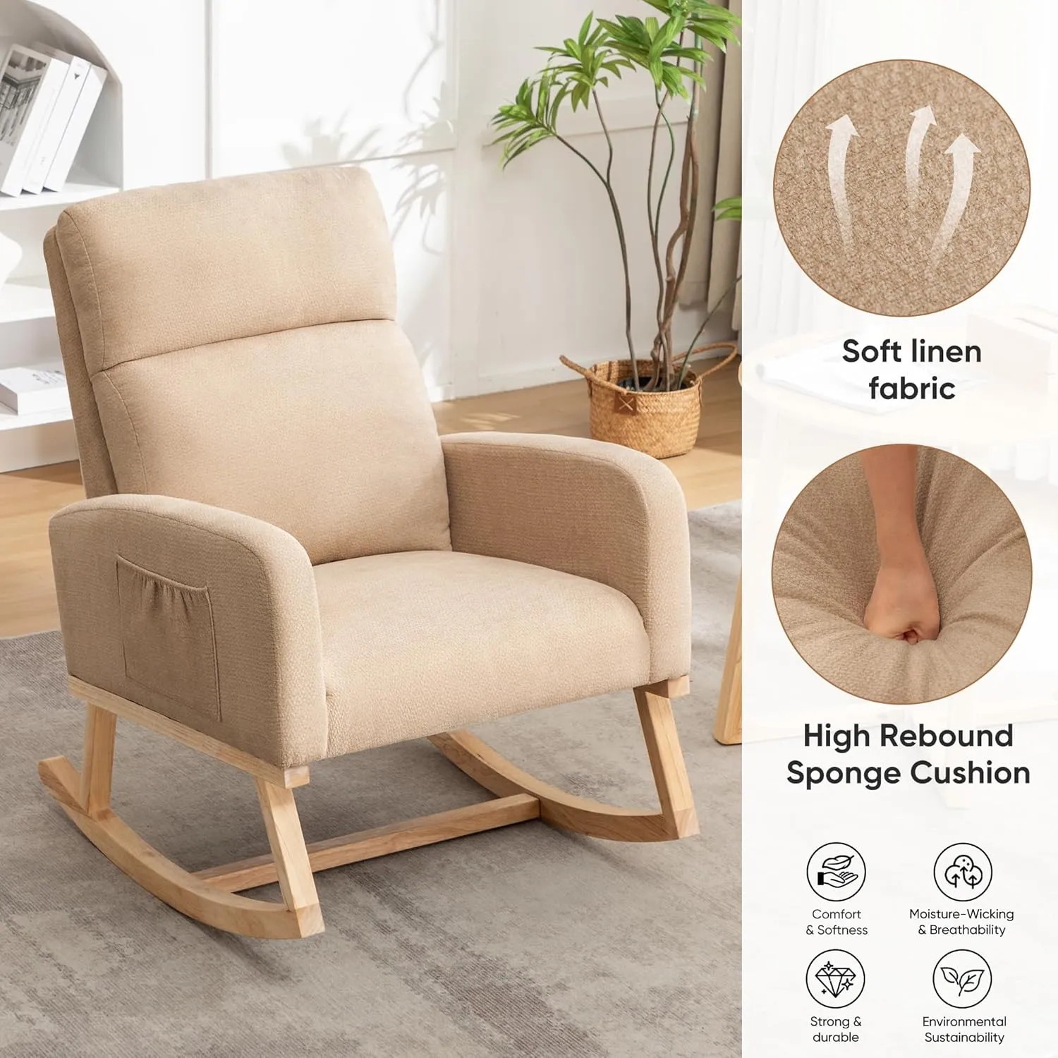 Rocking Chair Nursery, Upholstered Fabricr Nursing Rocking Chairs with Soft High Back, Modern Nursery Glider Rocker for Mom Living Room, Bedroom, Khaki