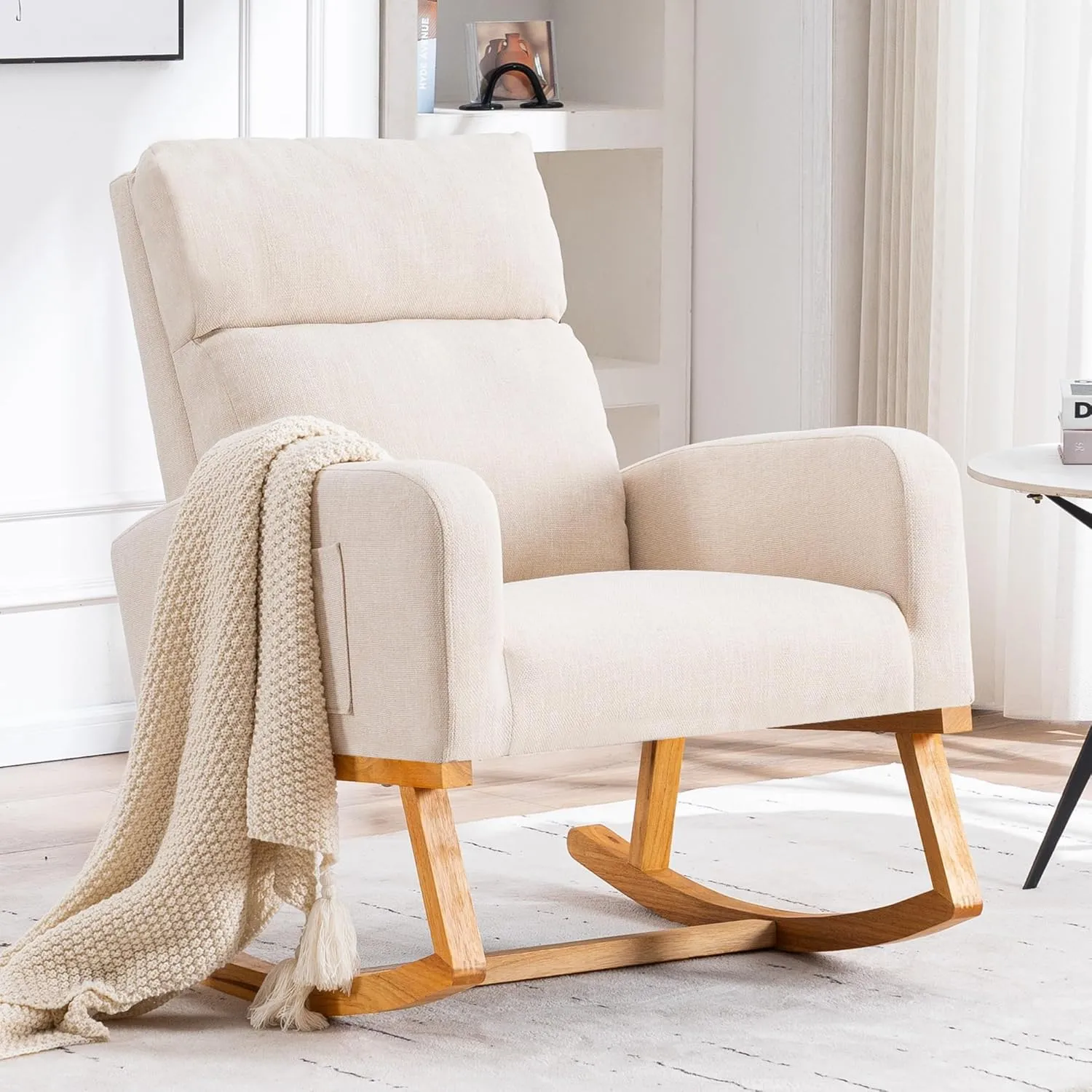 Rocking Chair Nursery, Upholstered Nursing Rocker Chair for Mom with High Backrest and Side Pockets for Bedroom Living Room, Beige