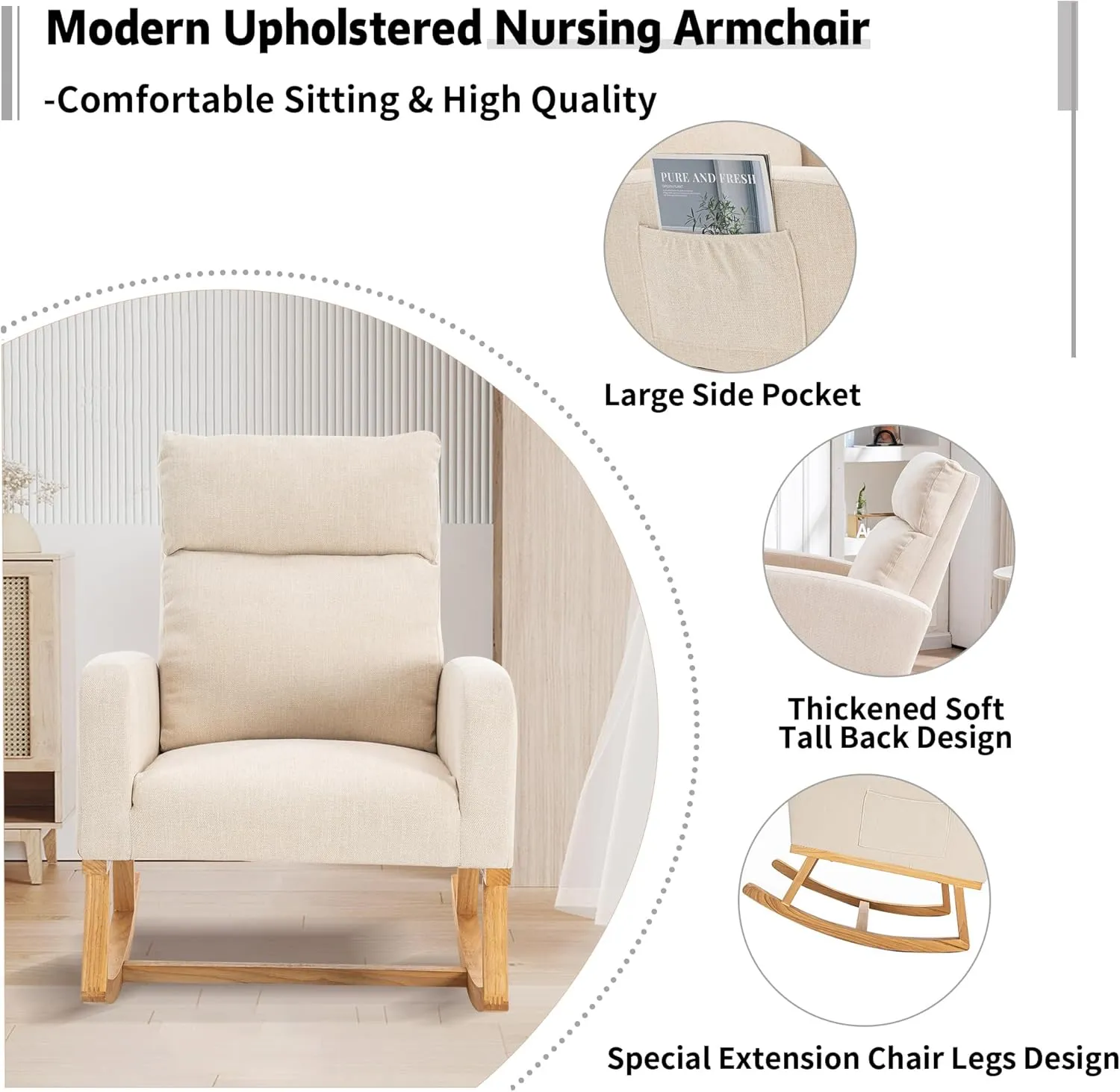 Rocking Chair Nursery, Upholstered Nursing Rocker Chair for Mom with High Backrest and Side Pockets for Bedroom Living Room, Beige