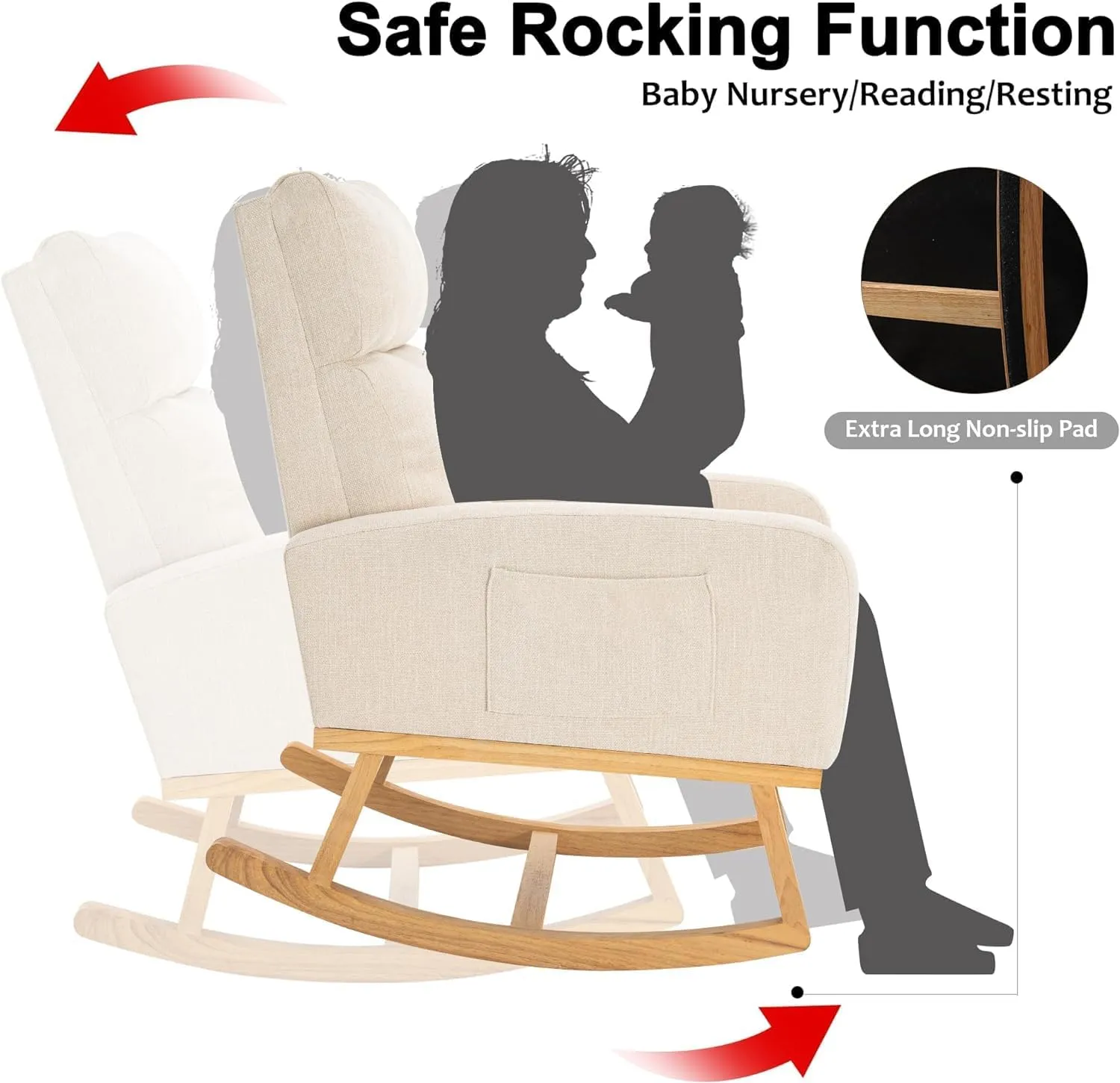 Rocking Chair Nursery, Upholstered Nursing Rocker Chair for Mom with High Backrest and Side Pockets for Bedroom Living Room, Beige