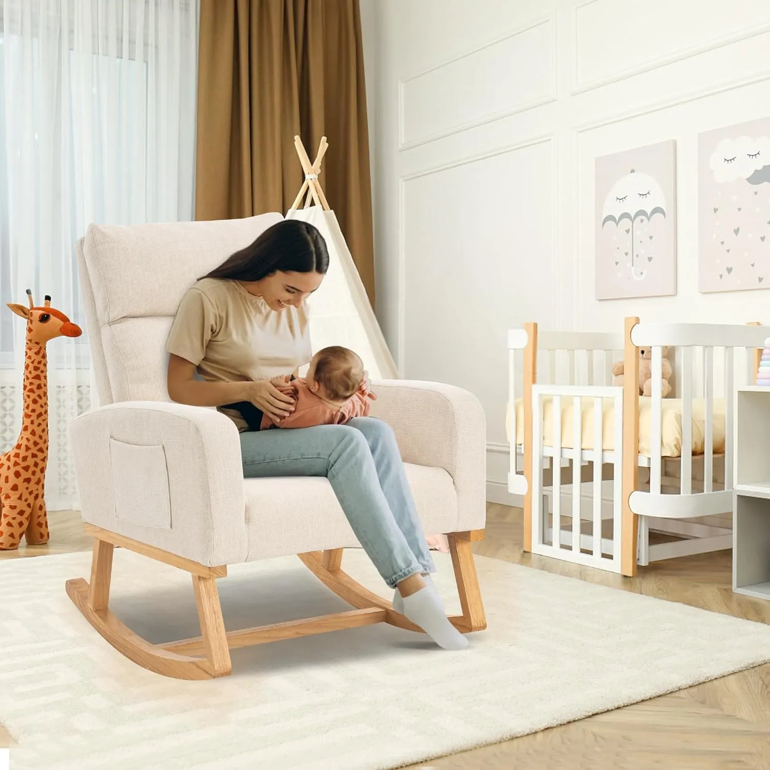 Rocking Chair Nursery, Upholstered Nursing Rocker Chair for Mom with High Backrest and Side Pockets for Bedroom Living Room, Beige