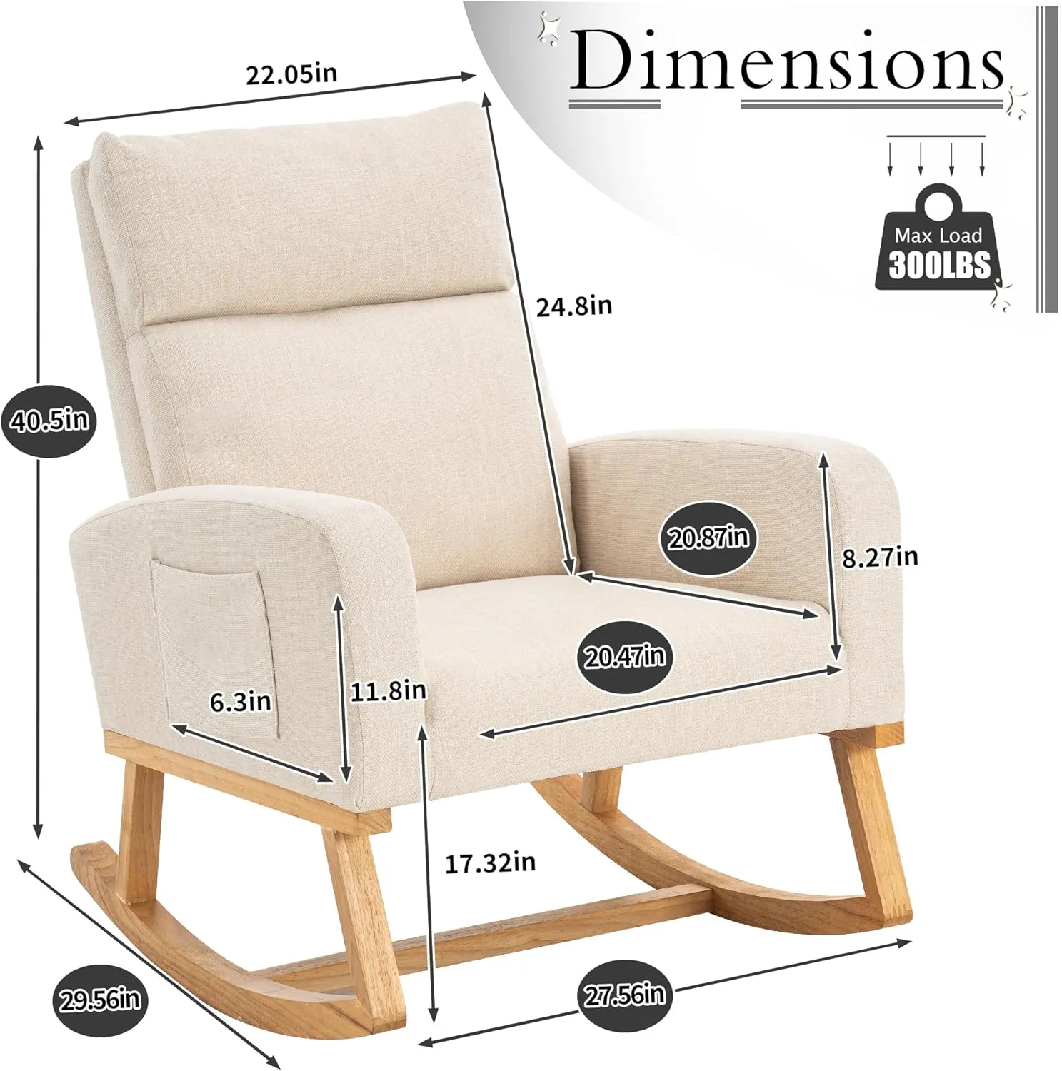 Rocking Chair Nursery, Upholstered Nursing Rocker Chair for Mom with High Backrest and Side Pockets for Bedroom Living Room, Beige