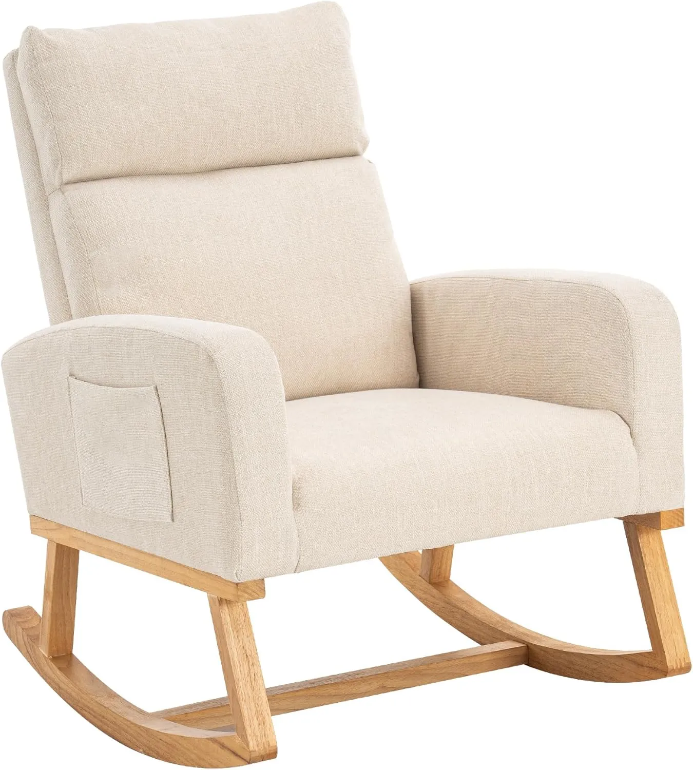 Rocking Chair Nursery, Upholstered Nursing Rocker Chair for Mom with High Backrest and Side Pockets for Bedroom Living Room, Beige