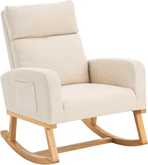 Rocking Chair Nursery, Upholstered Nursing Rocker Chair for Mom with High Backrest and Side Pockets for Bedroom Living Room, Beige
