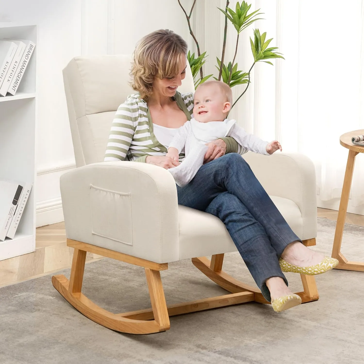 Rocking Chair Nursery, Upholstered Nursing Rocker Chairs with High Backrest, Modern Glider Rocking Chair for Nursery Living Room, Bedroom, White