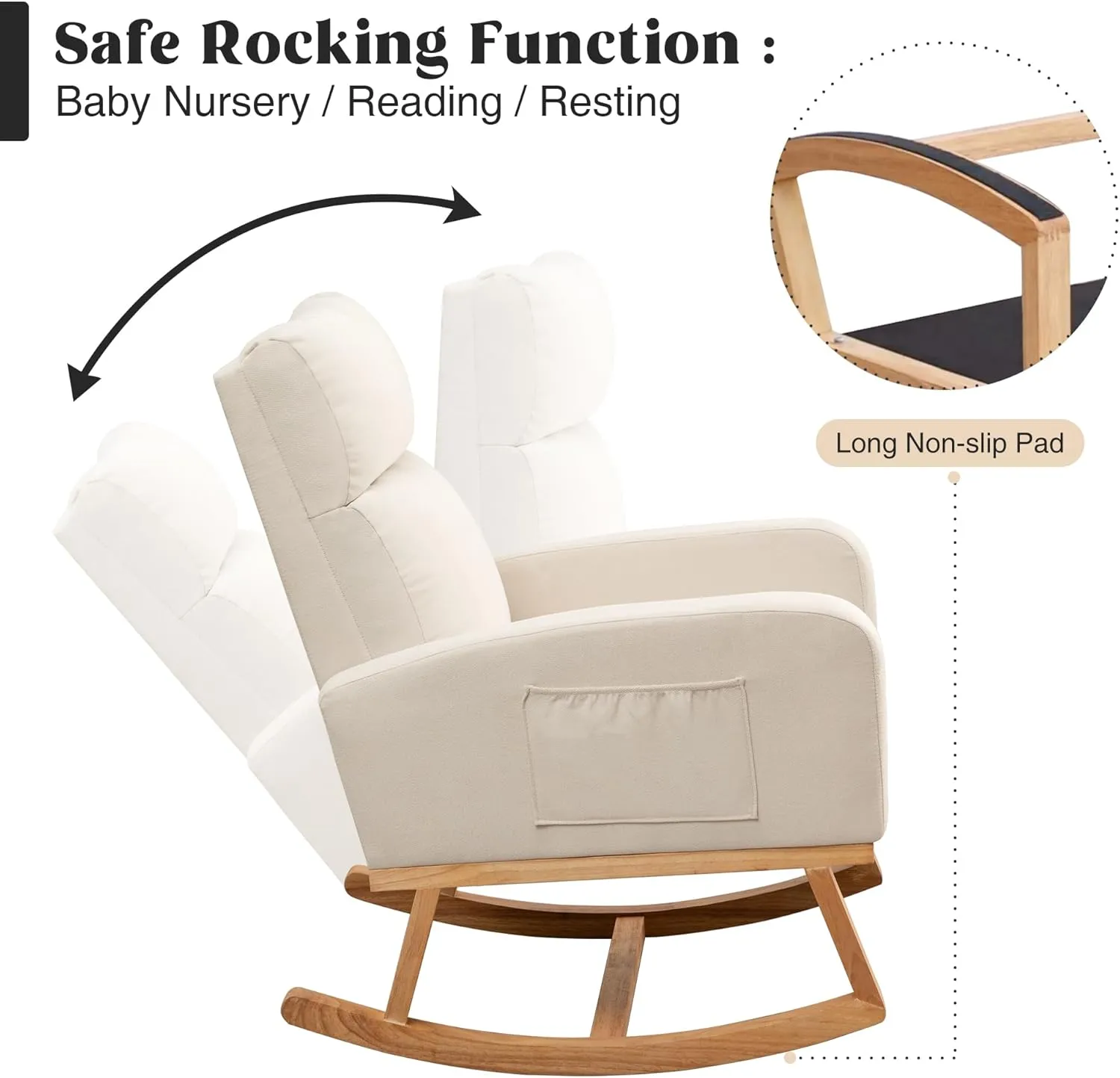 Rocking Chair Nursery, Upholstered Nursing Rocker Chairs with High Backrest, Modern Glider Rocking Chair for Nursery Living Room, Bedroom, White