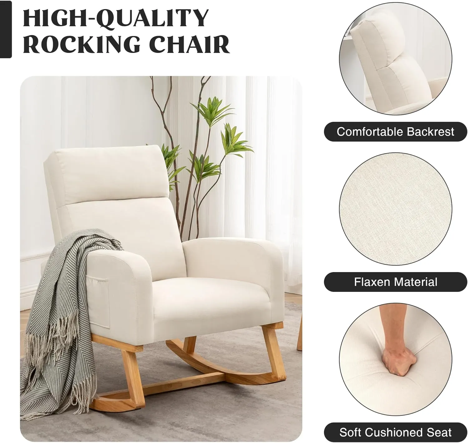 Rocking Chair Nursery, Upholstered Nursing Rocker Chairs with High Backrest, Modern Glider Rocking Chair for Nursery Living Room, Bedroom, White